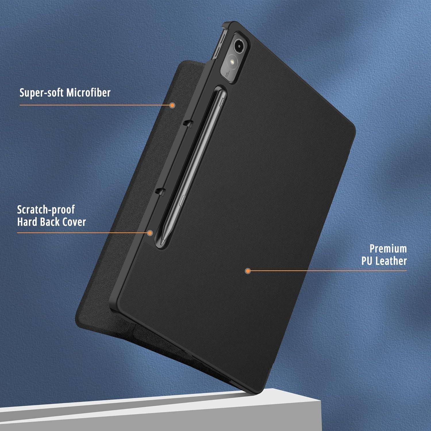 Tablet-Hülle mit Präsentation von ‚Super-weichem Mikrofaser', ‚Kratzfestem Hartcover' und ‚Premium PU-Leder' vor blauem Hintergrund.
