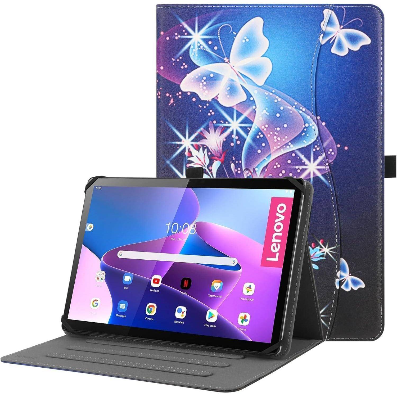 Ein Tablet in einem bunten, blumen- und schmetterlingsgemusterten Etui. Auf dem Bildschirm ist das Lenovo-Logo und ein Startbildschirm mit App-Symbolen zu sehen.