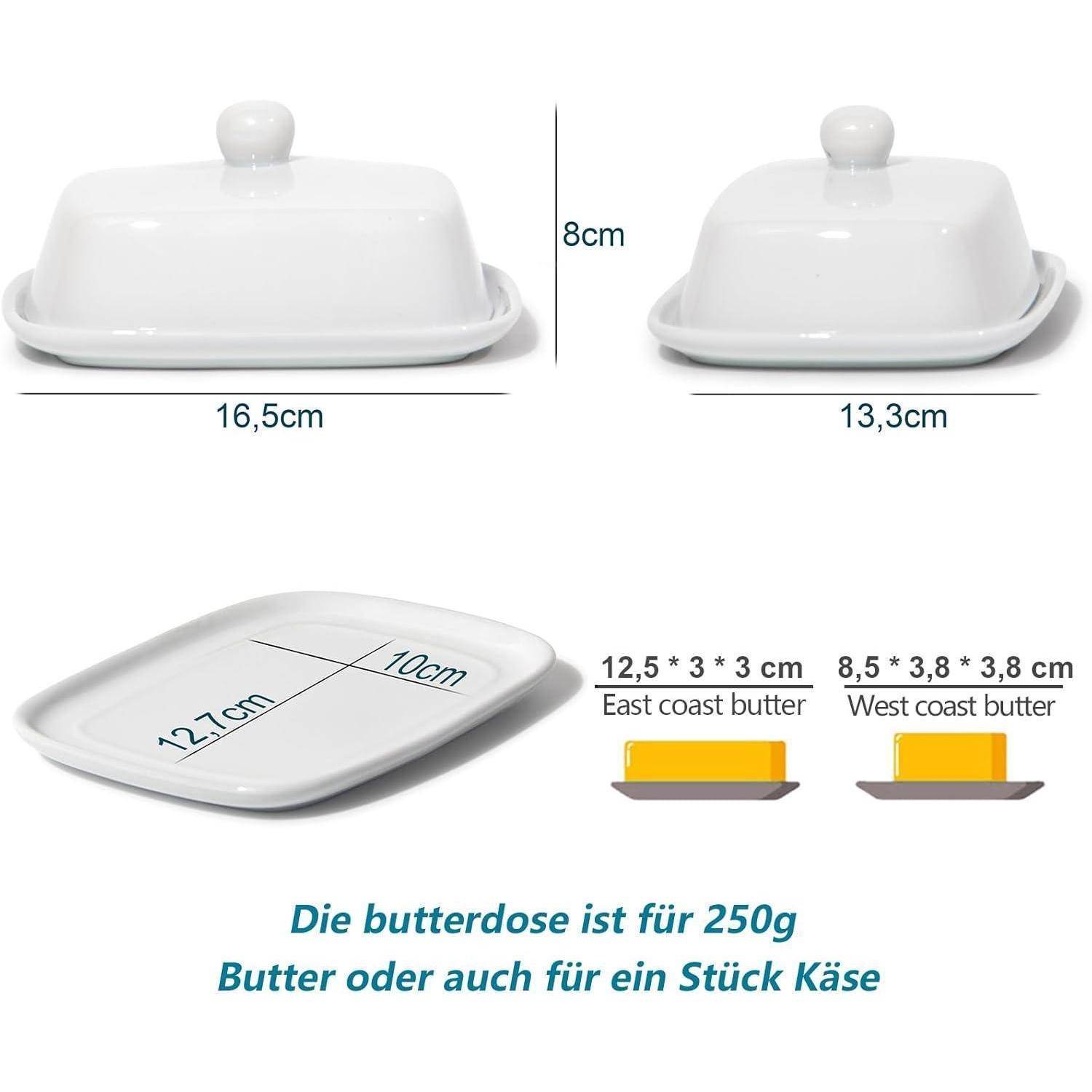 Weiße Butterdose mit Deckel; Abmessungen: Deckel 8 cm, Boden 16,5 cm und 13,3 cm. Innenräume für zwei Buttertypen dargestellt.