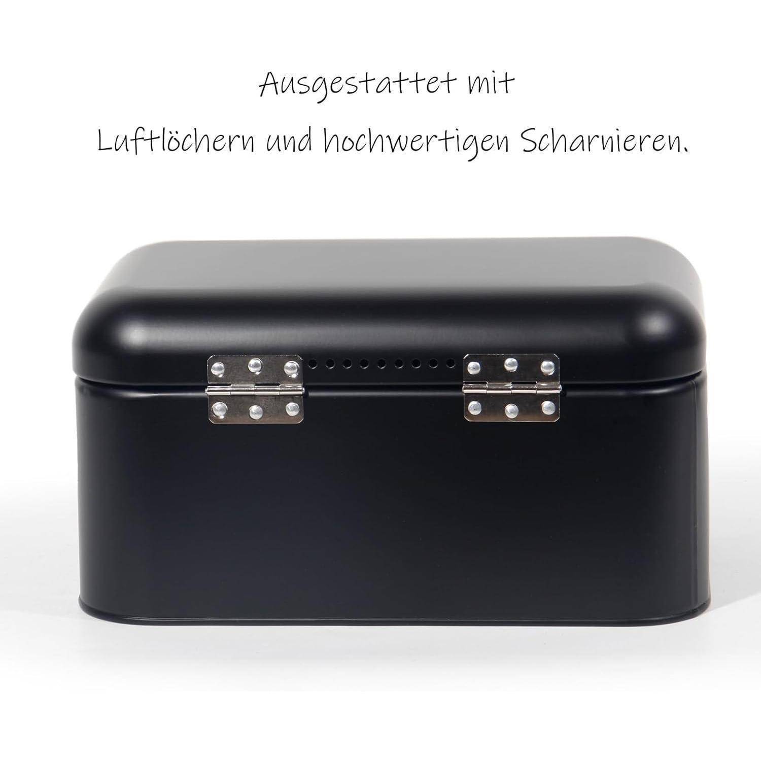 Eine schwarze Box mit Lüftungslöchern und hochwertigen Scharnieren. Text darüber liest sich: 
