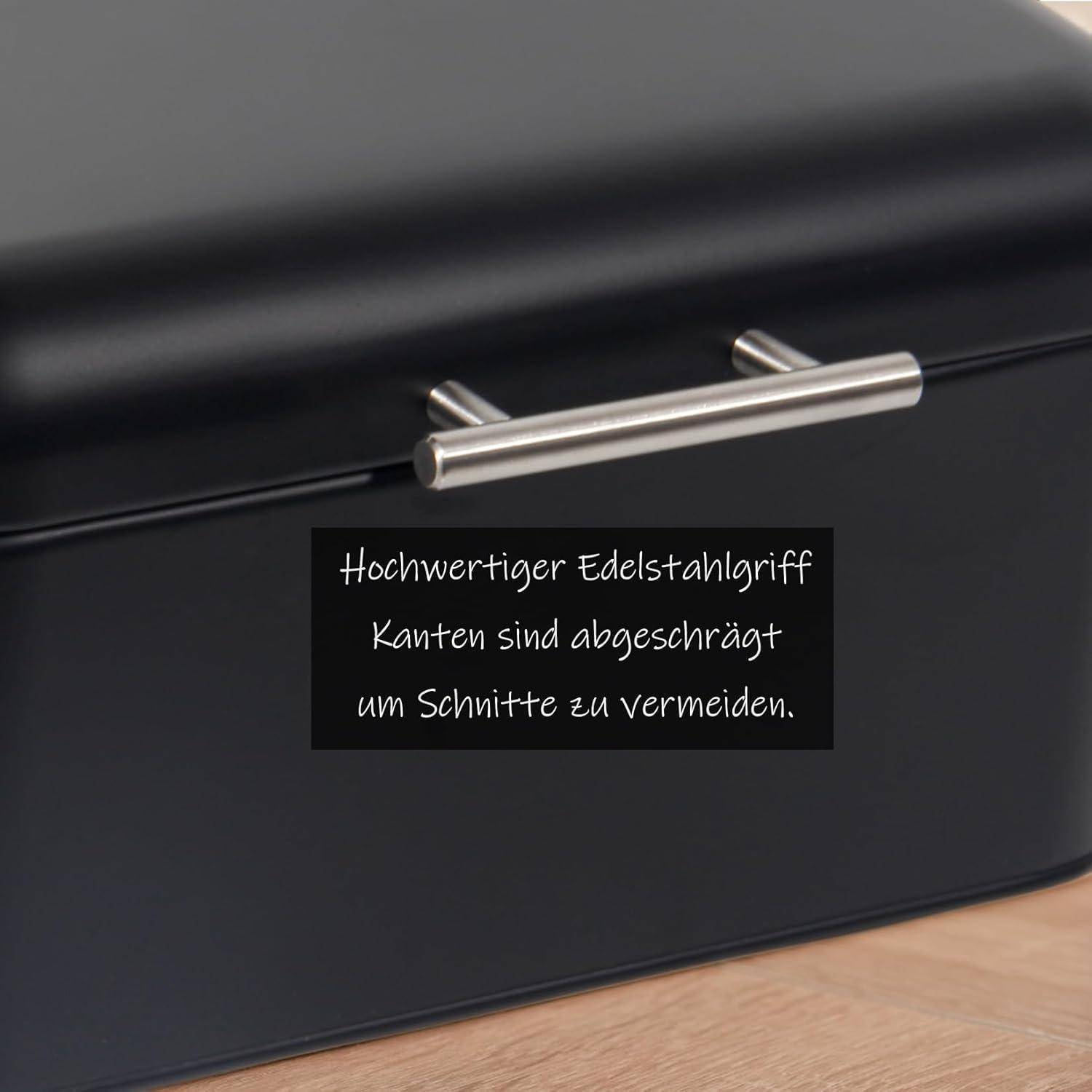 Ein schwarzer Kasten mit einem Metallgriff. Text lautet: 'Hochwertiger Edelstahlgriff Kanten sind abgeschrägt um Schnitte zu vermeiden