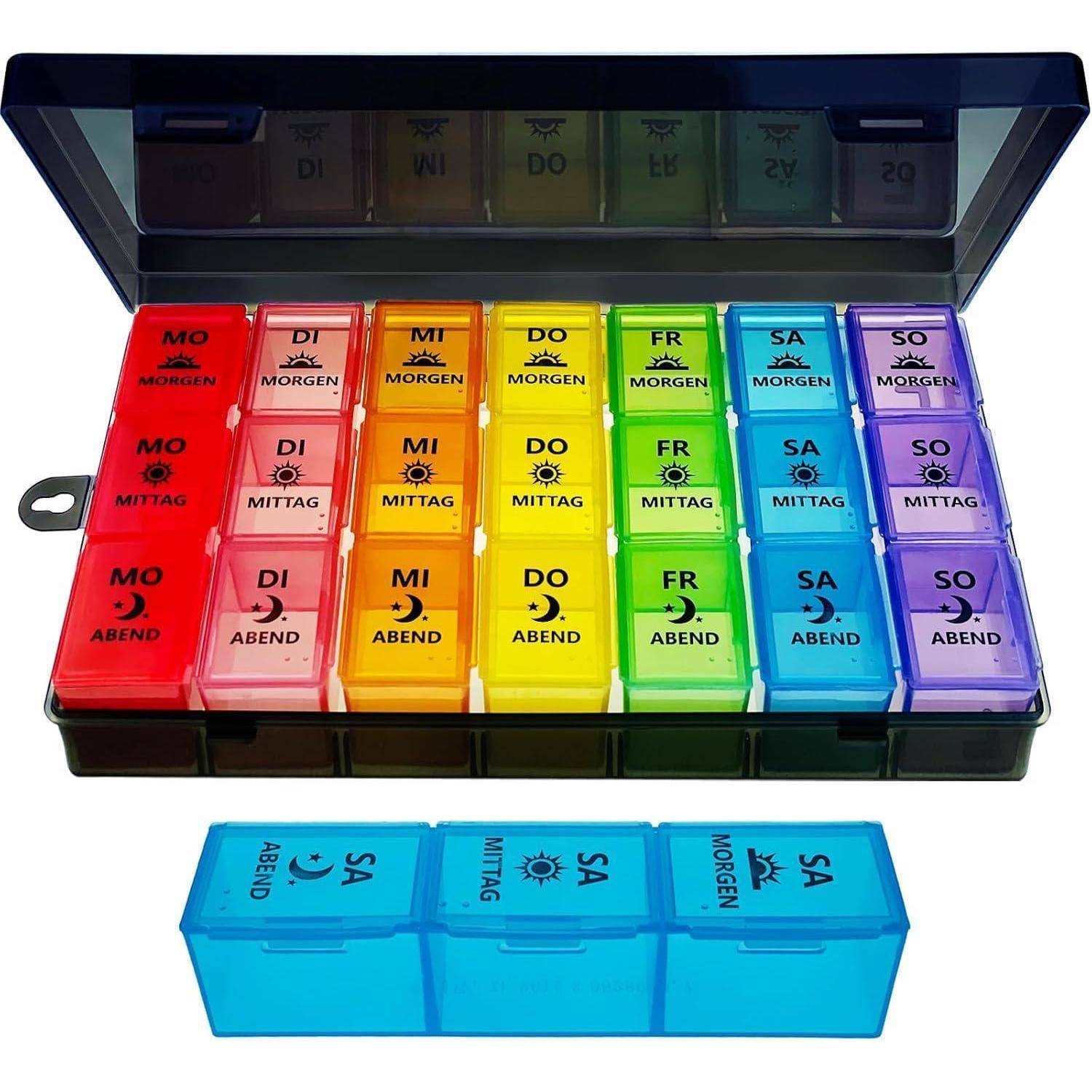 Ein wöchentlicher Pillendosierer mit sieben Spalten in Regenbogenfarben für jeden Tag. Jeder Tag verfügt über drei Fächer, beschriftet mit ‚Morgen', ‚Mittag', ‚Abend'.