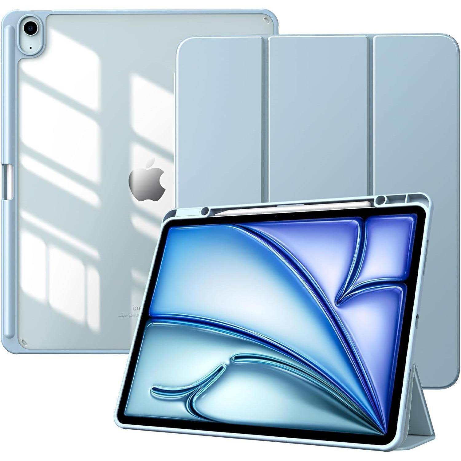 Ein iPad mit einem blauen abstrakten Design auf dem Bildschirm wird gezeigt, einmal mit offener und einmal mit geschlossener Hülle, wobei sein elegantes Design hervorgehoben wird.