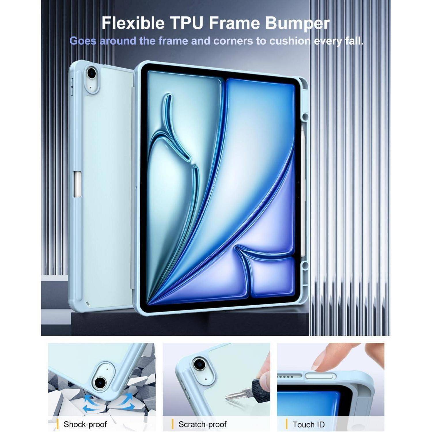 iPad-Hülle mit flexibarem TPU-Rahmen-Bumper. Merkmale umfassen stoßdämpfende, kratzfeste Eigenschaften und Touch ID-Zugänglichkeit.