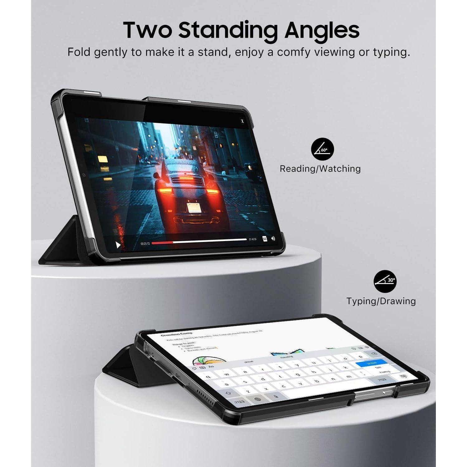 Ein Tabletgehäuse wird auf einem Tisch in zwei Positionen gezeigt. Die erste Position unterstützt ‚Lesen/Schauen', und die zweite unterstützt ‚Tippen/Zeichnen'.