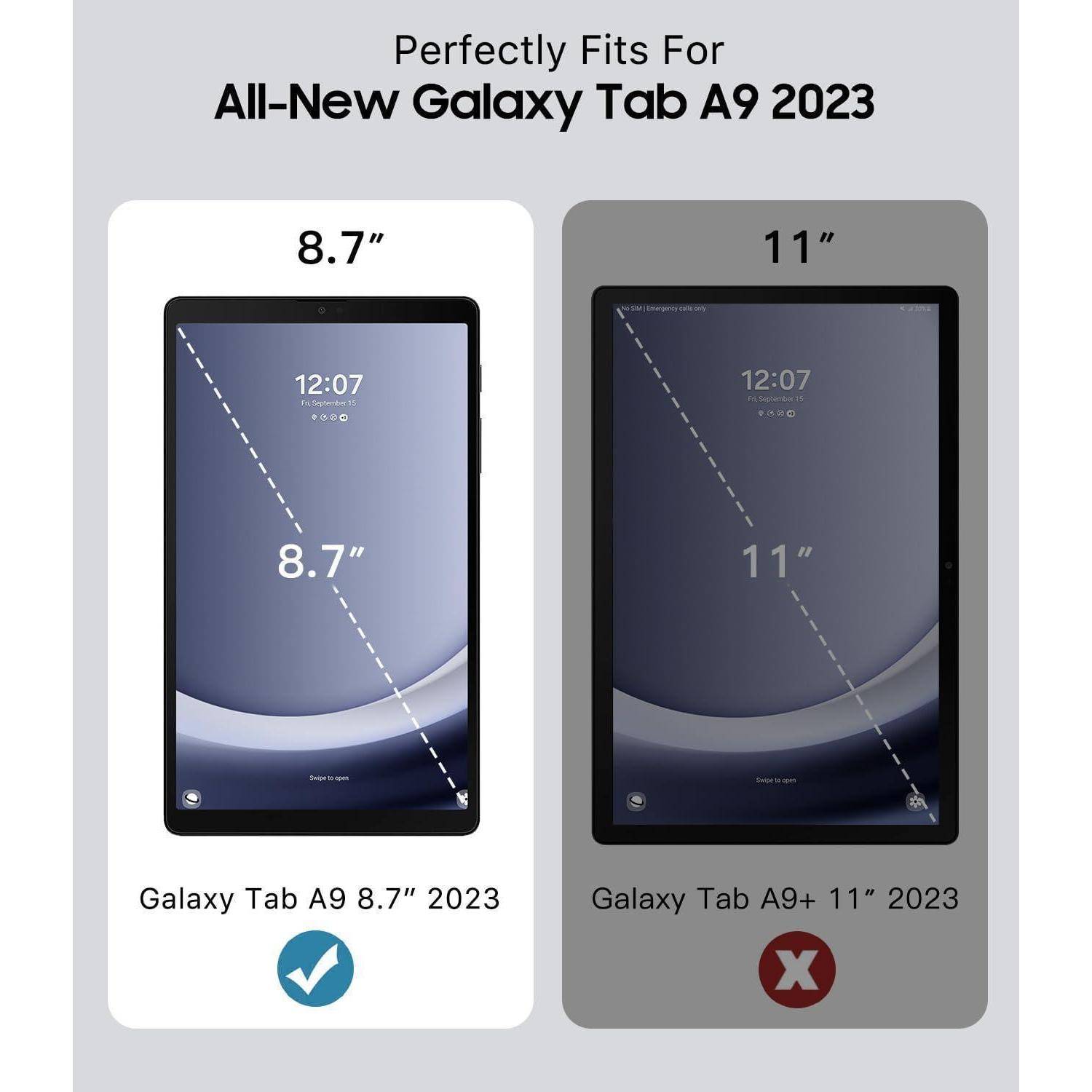 Bild zeigt zwei Tablet-Displayschutzfolien: eine mit '8,7"' passend für Galaxy Tab A9 8,7"" 2023 und eine andere mit '11""' für Galaxy Tab A9+ 11"" 2023, mit Passgenauigkeitsindikatoren.