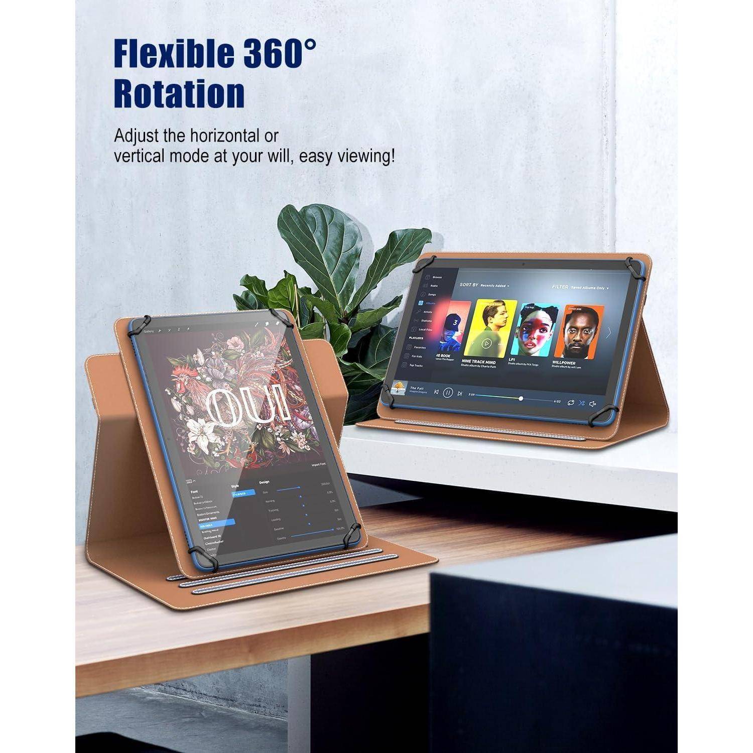 Zwei Tablets auf Ständern, eines zeigt einen floralen Text mit 'OUI'; das andere präsentiert eine Oberfläche mit Musikalbum-Covern. Der Text lautet 'Flexibel 360° Drehung'.