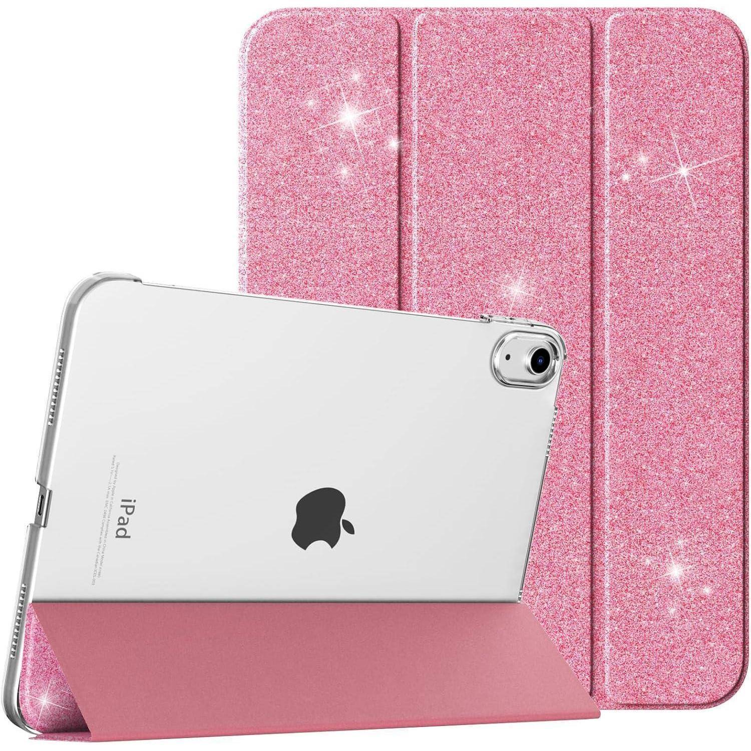 Ein pinker, glitzernder iPad-Etui, der sowohl in offener als auch in geschlossener Position gezeigt wird und dabei sein faltbares Cover und sein schützendes Design hervorhebt.