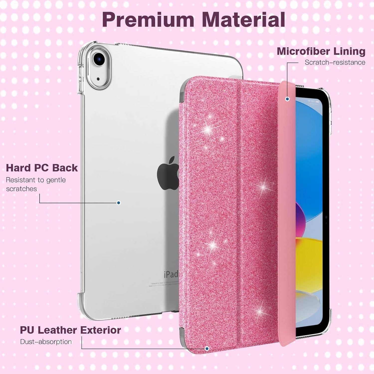 Hochwertiges iPad-Etui in Rosa mit Mikrofaser-Innenfutter, robuster PC-Rückseite, PU-Lederaußenseite, geöffnet und geschlossen auf einem Polka-Dot-Hintergrund präsentiert.