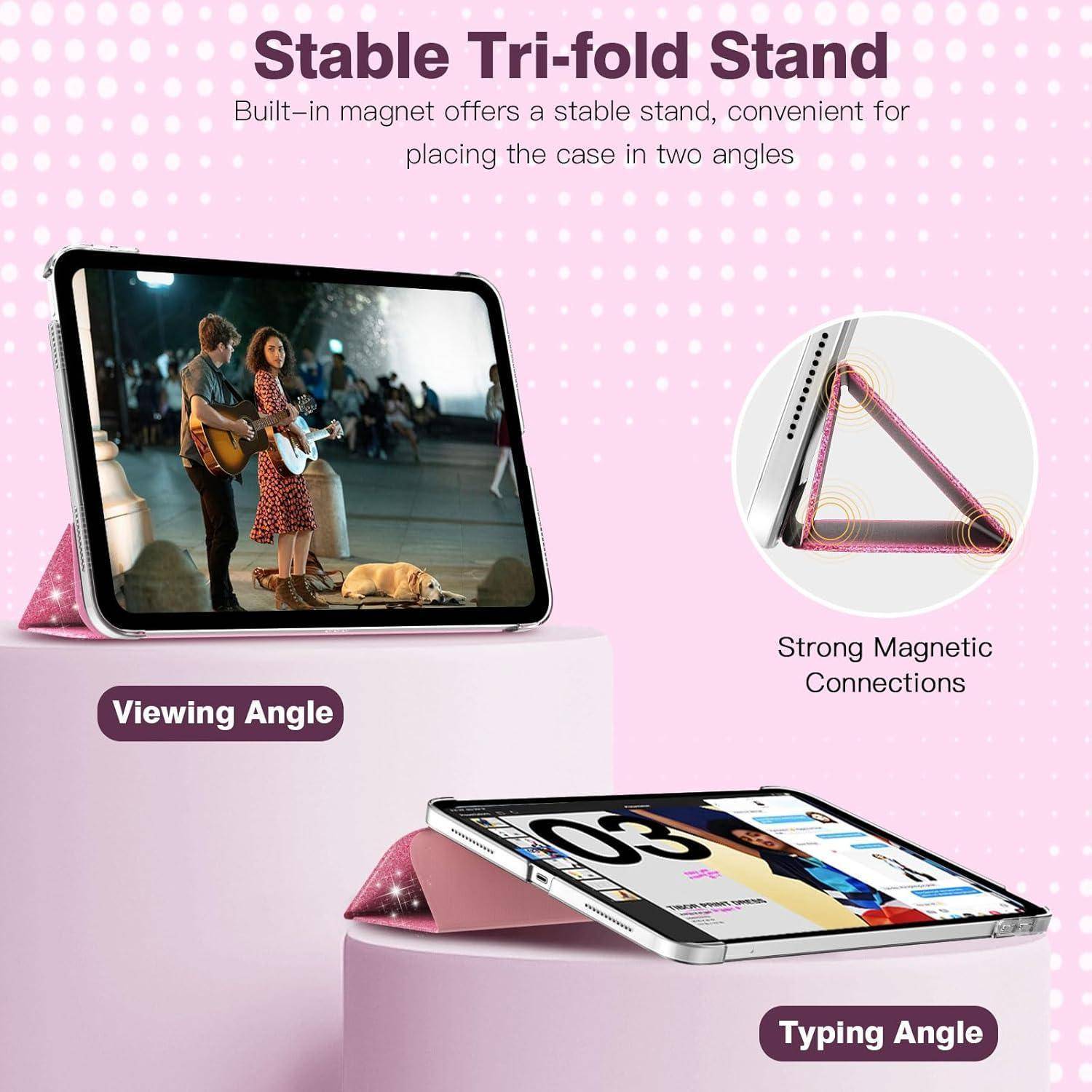 iPad mit dreifach-klappbarem Ständer in Betrachtungs- und Tippwinkeln gezeigt. Starke magnetische Verbindungen hervorgehoben. Text: Stabiler Dreifach-Klapp-Ständer.