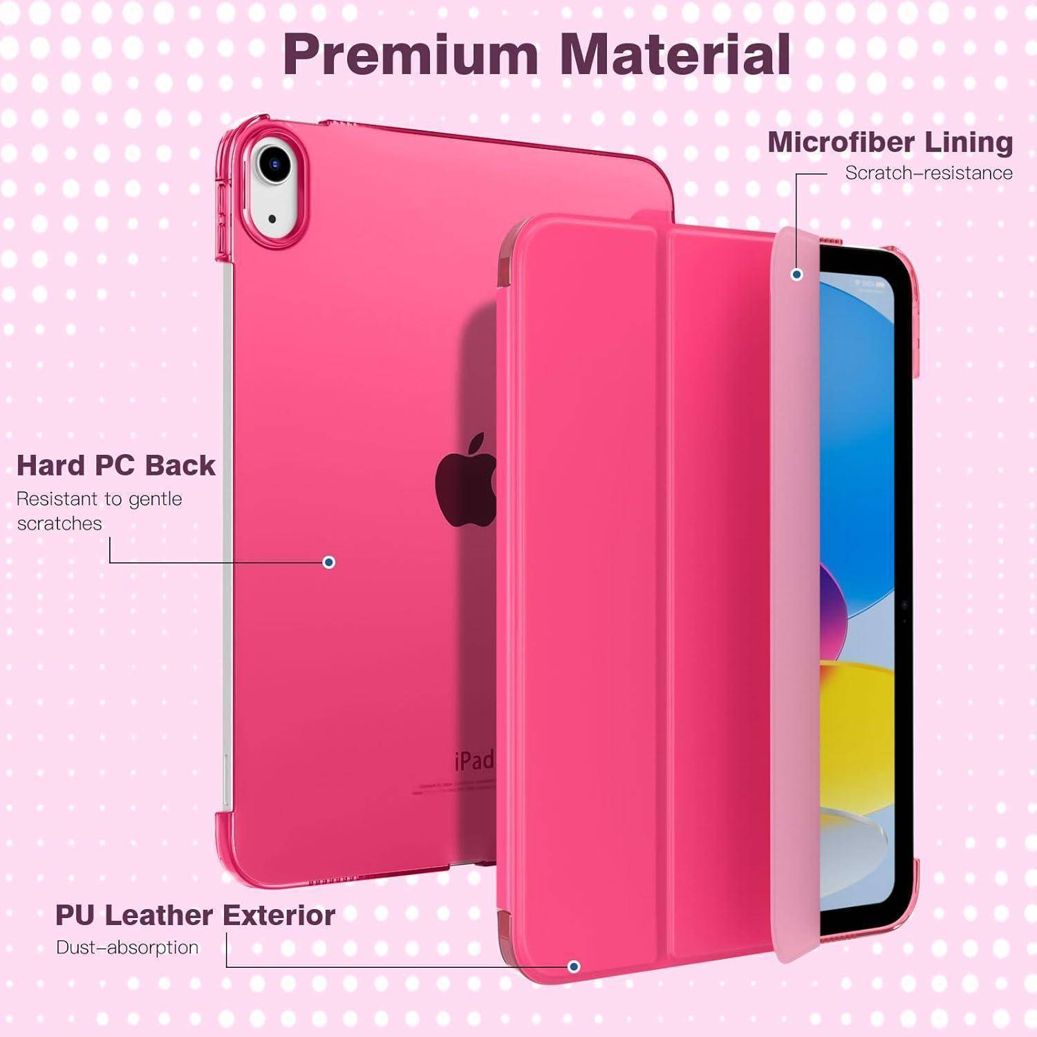 iPad-Hülle mit rosa, hartem PC-Rückenteil, PU-Lederaußenseite und Mikrofaserfutter. Eigenschaften umfassen Kratzfestigkeit und Staubabsorption.