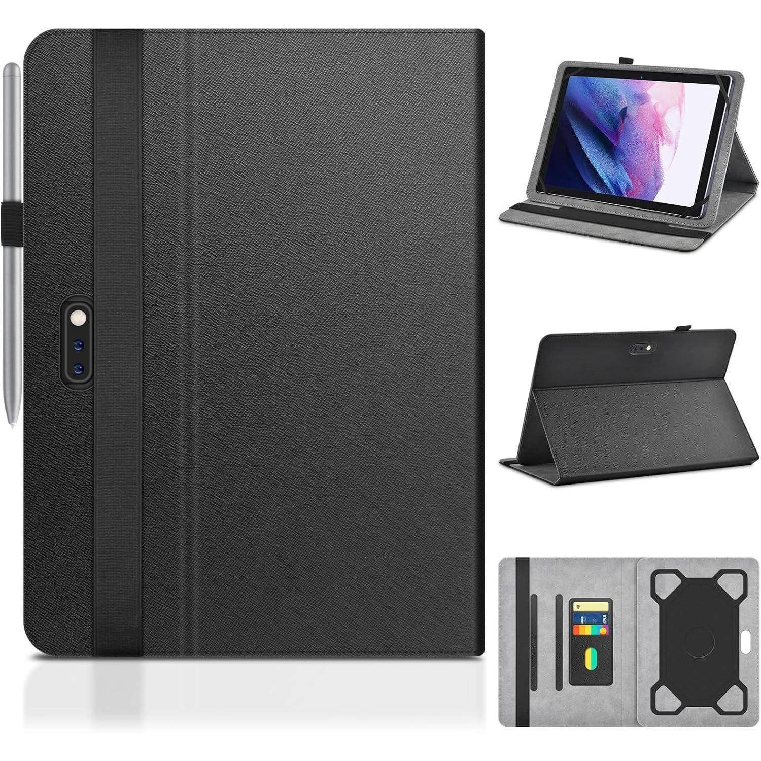 Tablet-Hülle mit Halterung für Eingabestift, ausgestattet mit Ständerfunktion, Kameraabdeckung und Kartenfächern, in Schwarz gezeigt mit eingesetztem Gerät.