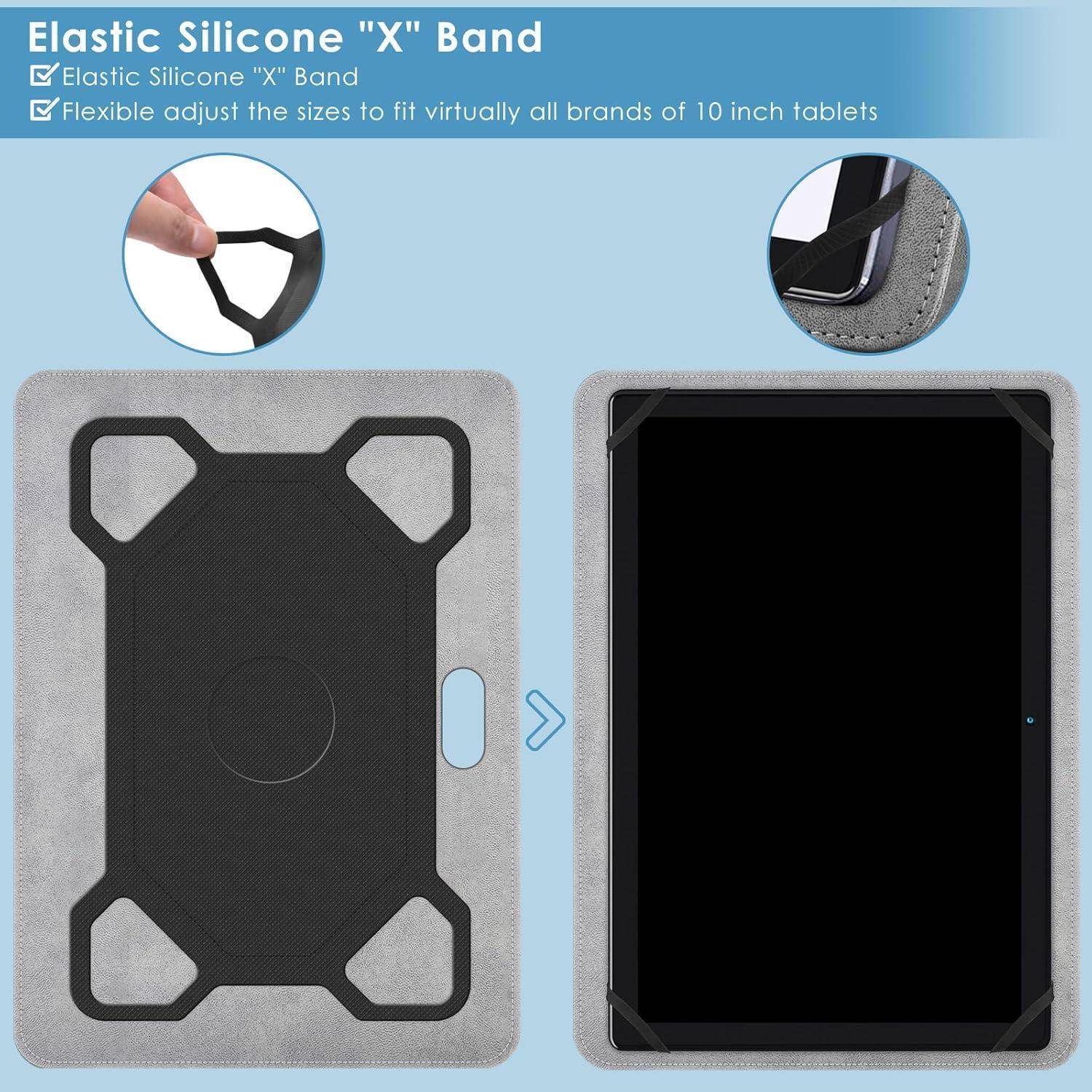 Bild zeigt eine Tablettasche mit elastischen Silikonbändern in X-Form für eine verstellbare Passform für 10-Zoll-Tablets. Detailaufnahme der Bänder inklusive.