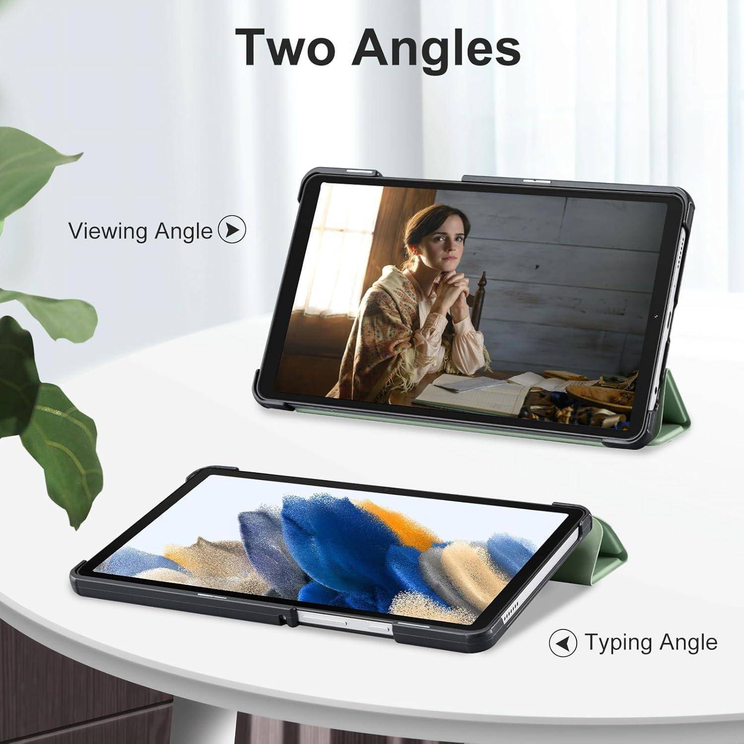 Ein Tablet-Gehäuse wird auf einem Tisch in zwei Positionen gezeigt: ein 'Betrachtungswinkel', der eine sitzende Person auf dem Bildschirm zeigt, und ein 'Tippwinkel' mit abstrakten Farben.