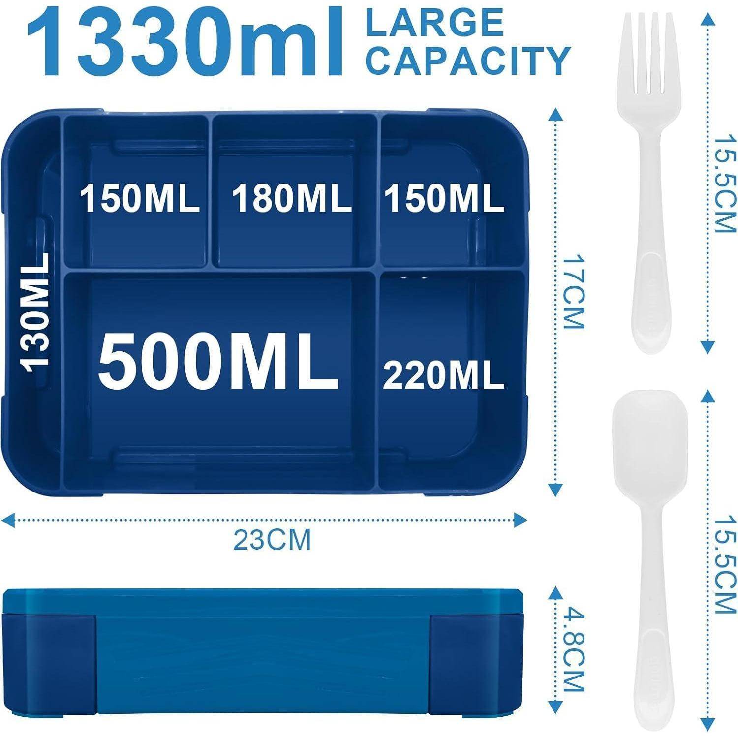 Blaue Brotdose mit gekennzeichneten Fächern und Kapazitäten: '500ml', '150ml', '180ml', '150ml', '220ml'. Enthält Gabel und Löffel, Abmessungen werden angezeigt.