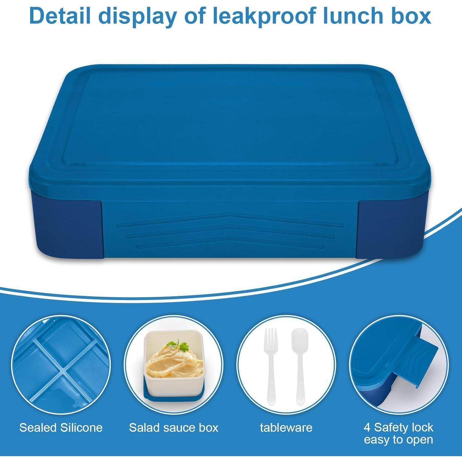 Detaillierte Darstellung einer auslaufsicheren Lunch-Box, die einen blauen rechteckigen Behälter mit Bereichen zeigt: versiegeltes Silikon, Salatsoßenbox, Essbesteck und Sicherheitsverriegelung.