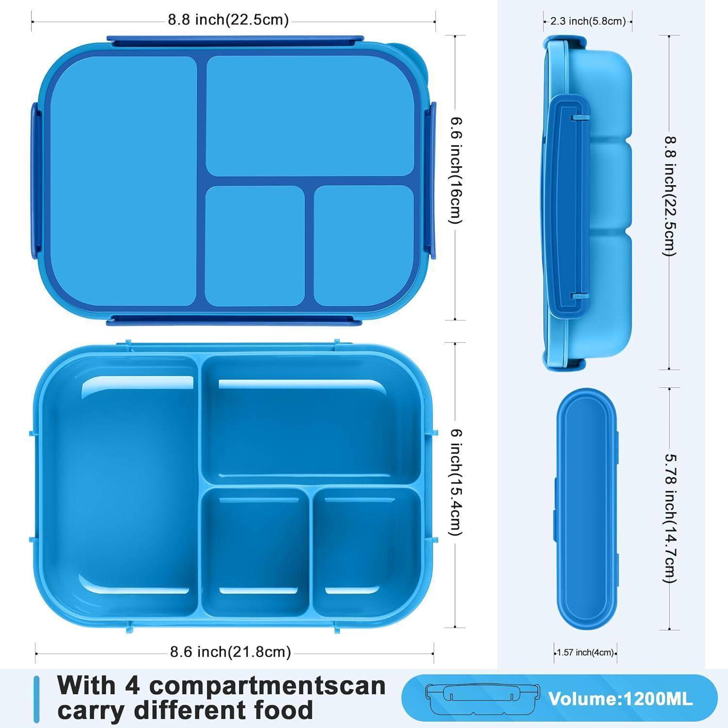 Blaue rechteckige Lunchbox mit vier Fächern. Abmessungen: 8,8 x 6,8 Zoll, 1,23 Zoll tief. Volumen: 1200 ml. Text lautet: „Mit 4 Fächern können verschiedene Lebensmittel transportiert werden
