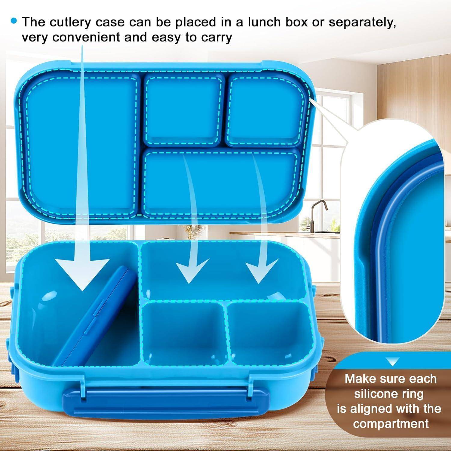Blaue Lunchbox mit separaten Fächern und einem Besteckbehälter. Bild zeigt Silikonringe in den Fächern zum Abdichten. Text: „sehr praktisch und leicht zu tragen