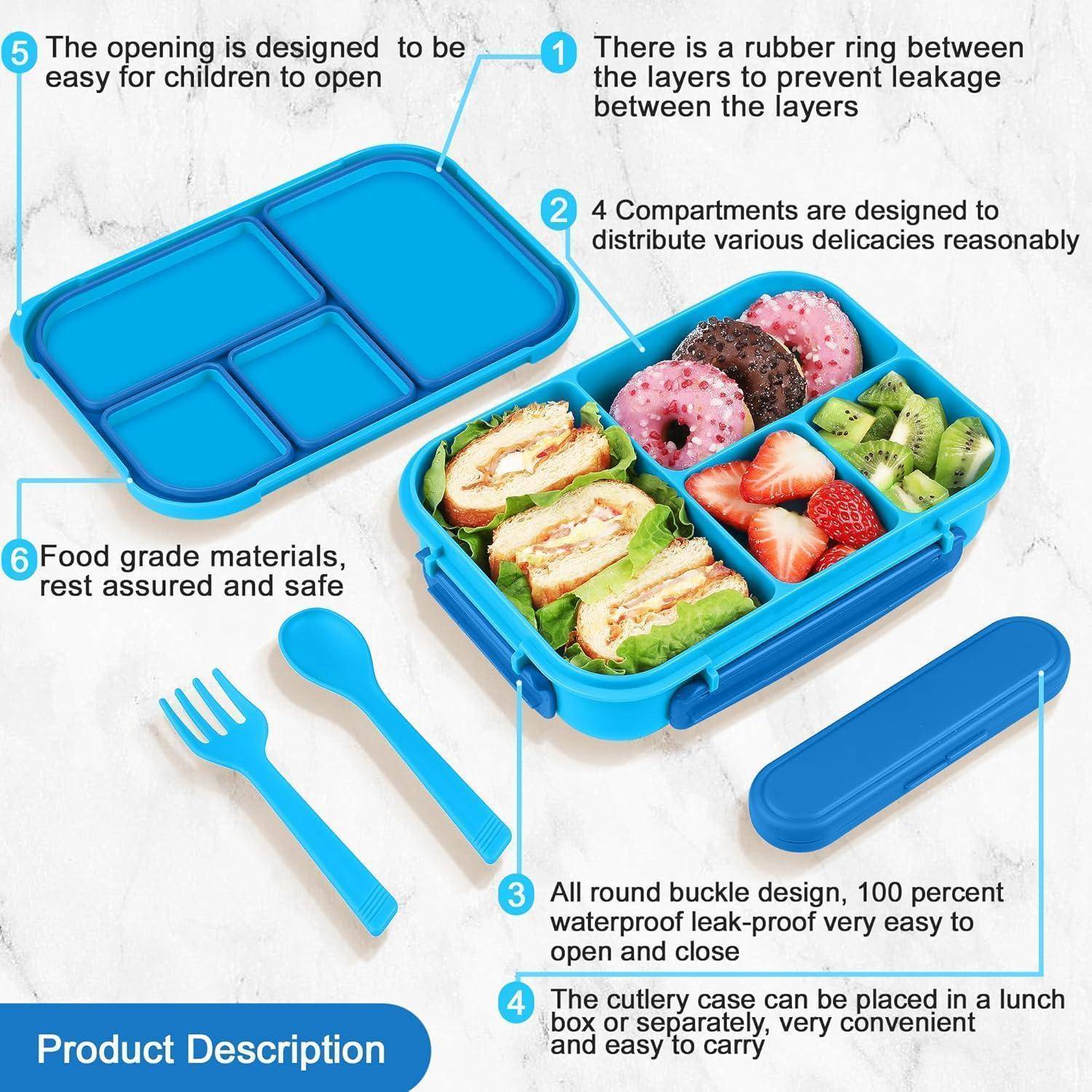 Eine blaue Bento-Box mit vier Fächern, gefüllt mit Sandwiches, Donuts und Trauben. Enthält ein blaues Besteck-Set. Texthervorhebungen zeigen Merkmale: sicherer Verschluss, tragbar, lebensmittelsichere Materialien.