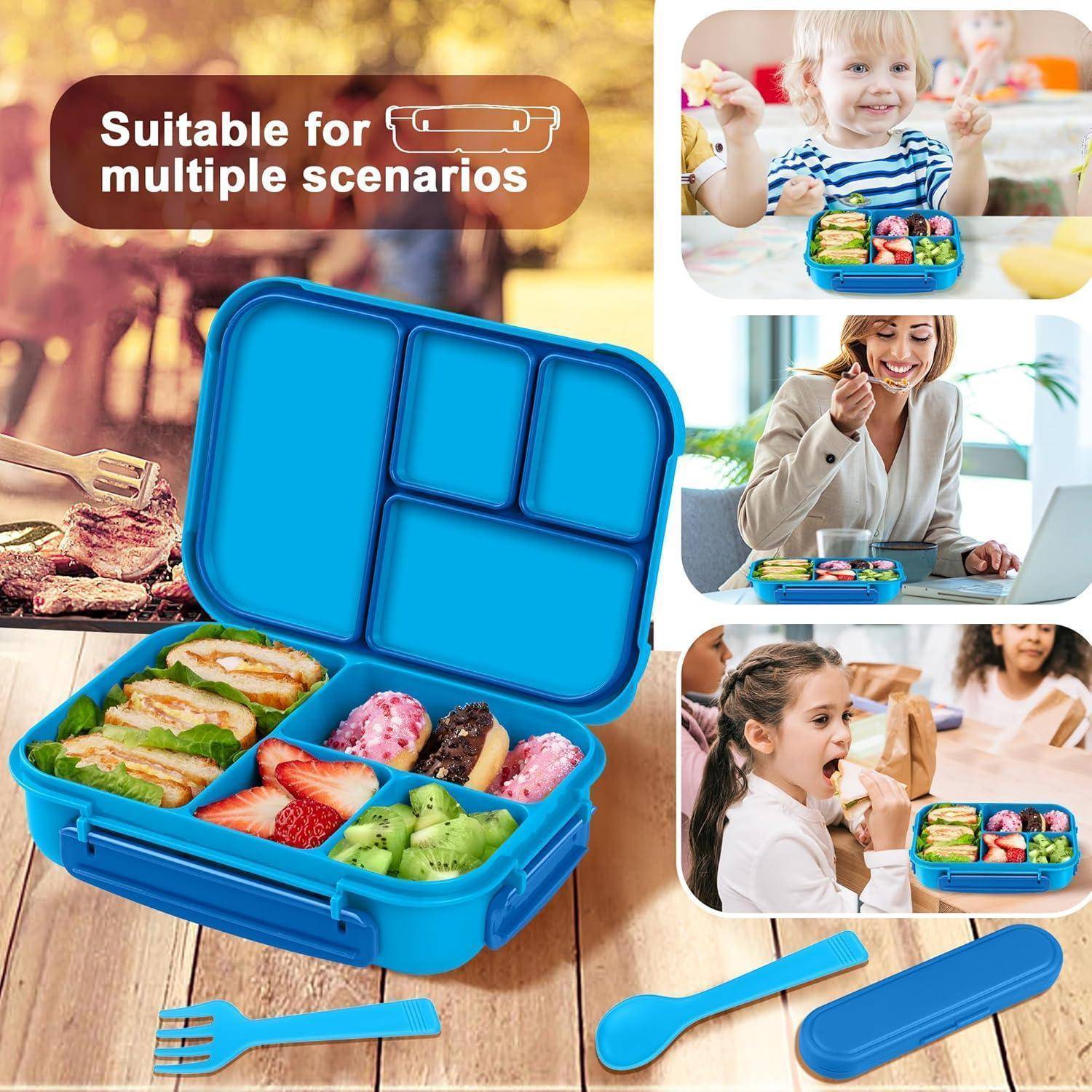 Blaue Lunchbox mit Fächern, gefüllt mit Essen. Text lautet: „Geeignet für verschiedene Szenarien.