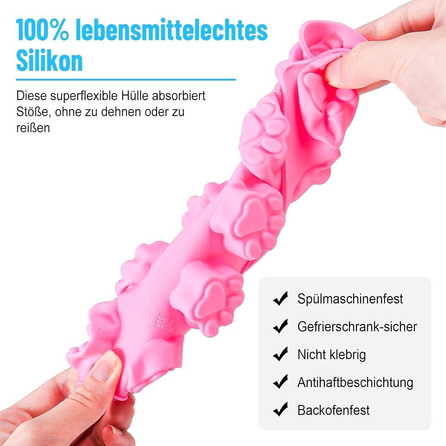 Eine rosa, strukturierte flexible Silikon-Hülle, in Händen gehalten, mit Texthinweisen zu ihren stoßdämpfenden und geschirrspülerfesten Eigenschaften.