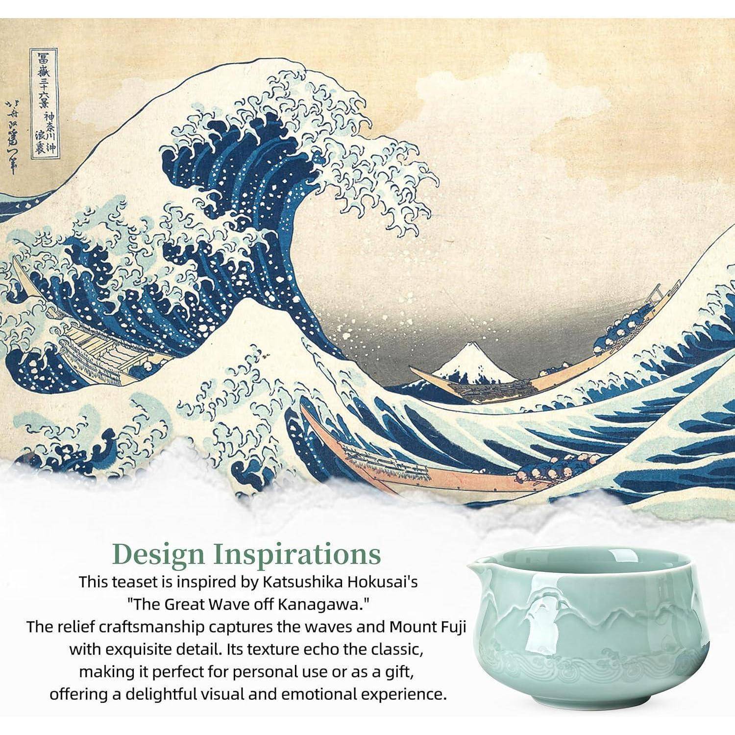 Eine klassische Darstellung der "Großen Welle vor Kanagawa"" von Katsushika Hokusai; eine blaue Welle, die zusammenbricht, wobei der Berg Fuji im Hintergrund sichtbar ist.