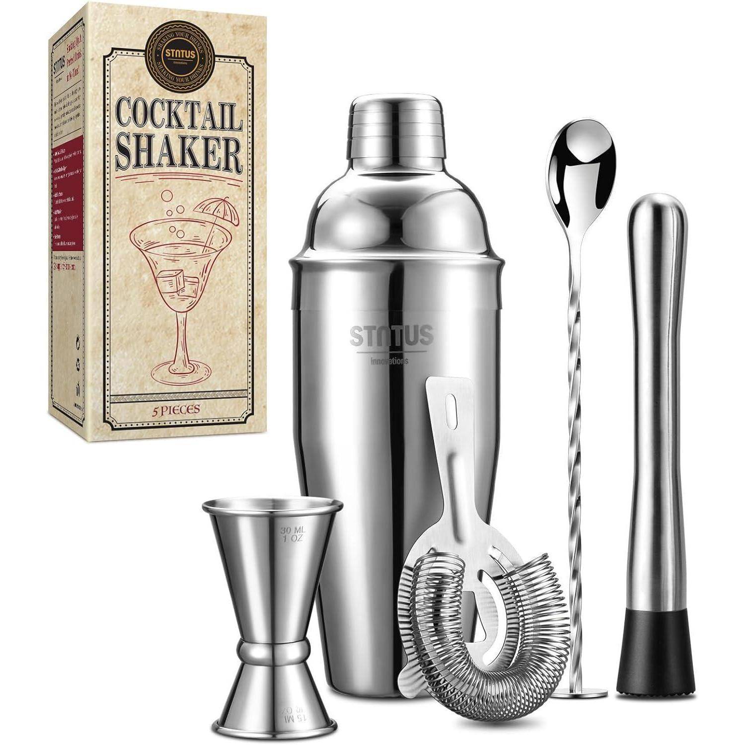 Cocktail-Shaker-Set mit Messbecher, Sieb, Stampfer, Barlöffel und Aufbewahrungsbox. Edelstahlausführung, für die Hausbar konzipiert.
