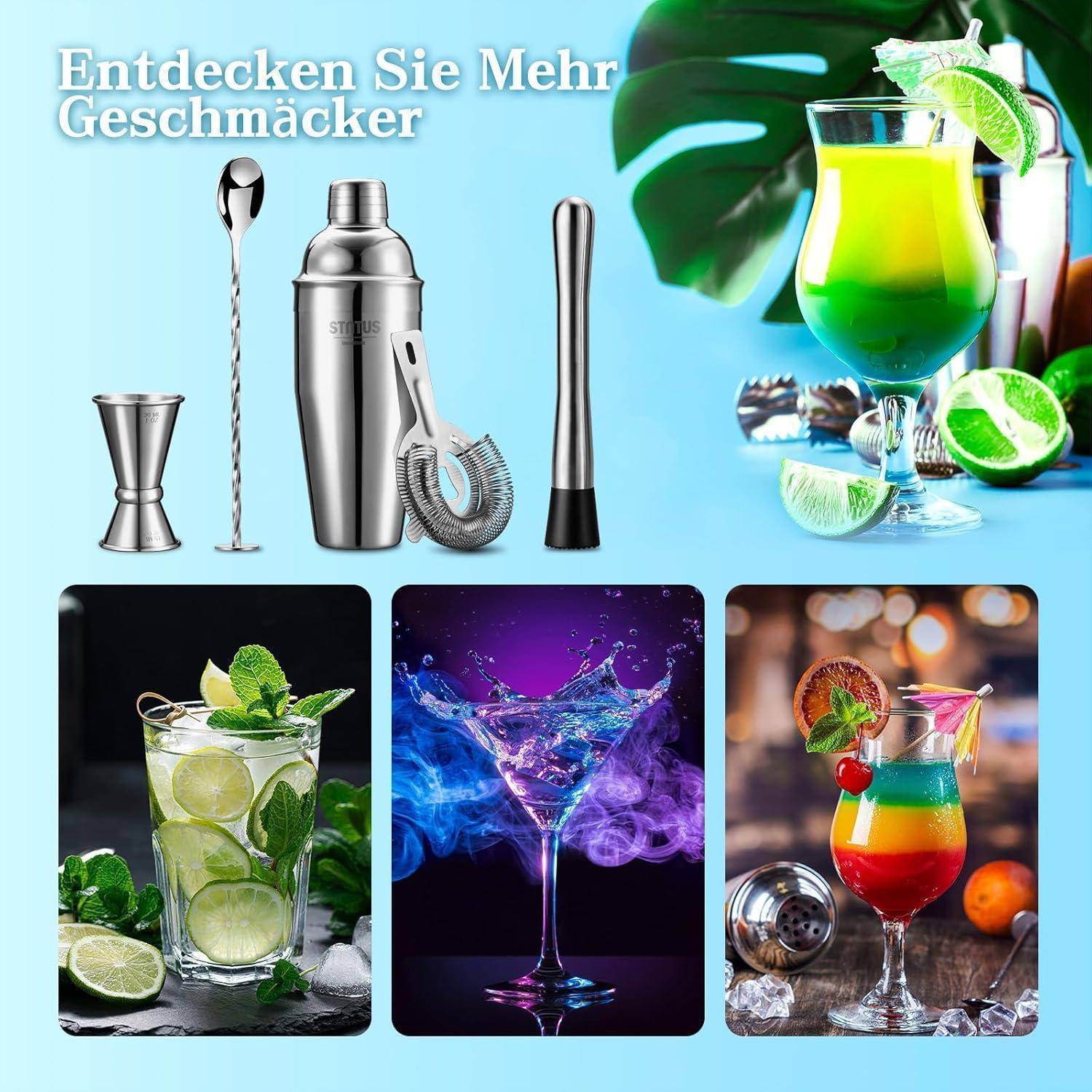Eine Vielzahl farbenfroher Cocktails und Barwerkzeuge präsentiert, darunter ein Shaker, ein Sieb und einen Rührlöffel; Text lautet 'Entdecken Sie Mehr Geschmäcker'.