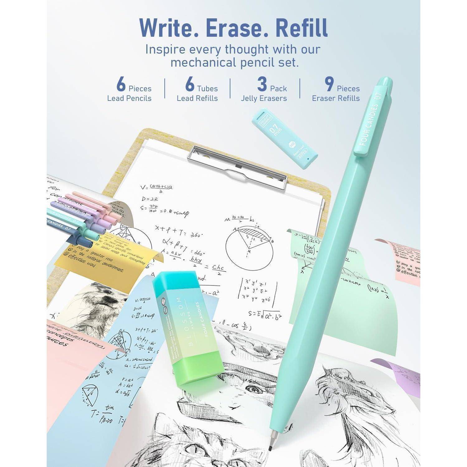 Eine Werbung für ein mechanisches Bleistift-Set zeigt den Bleistift und Minen auf einem Klemmbrett-Skizzenblock. Der Text lautet: „Schreiben. Radieren. Nachfüllen. Jeden Gedanken ausdrücken.