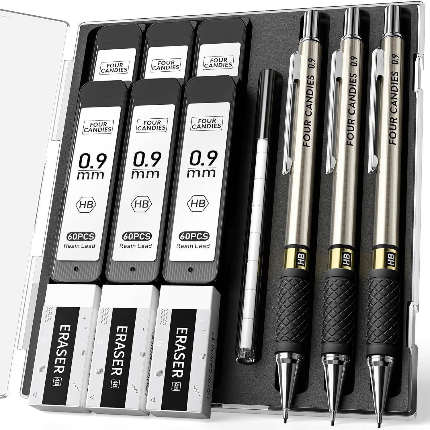 Mechanischer Bleistift-Satz enthält drei Bleistifte, Minen-Röhrchen mit der Beschriftung „0,9 mm