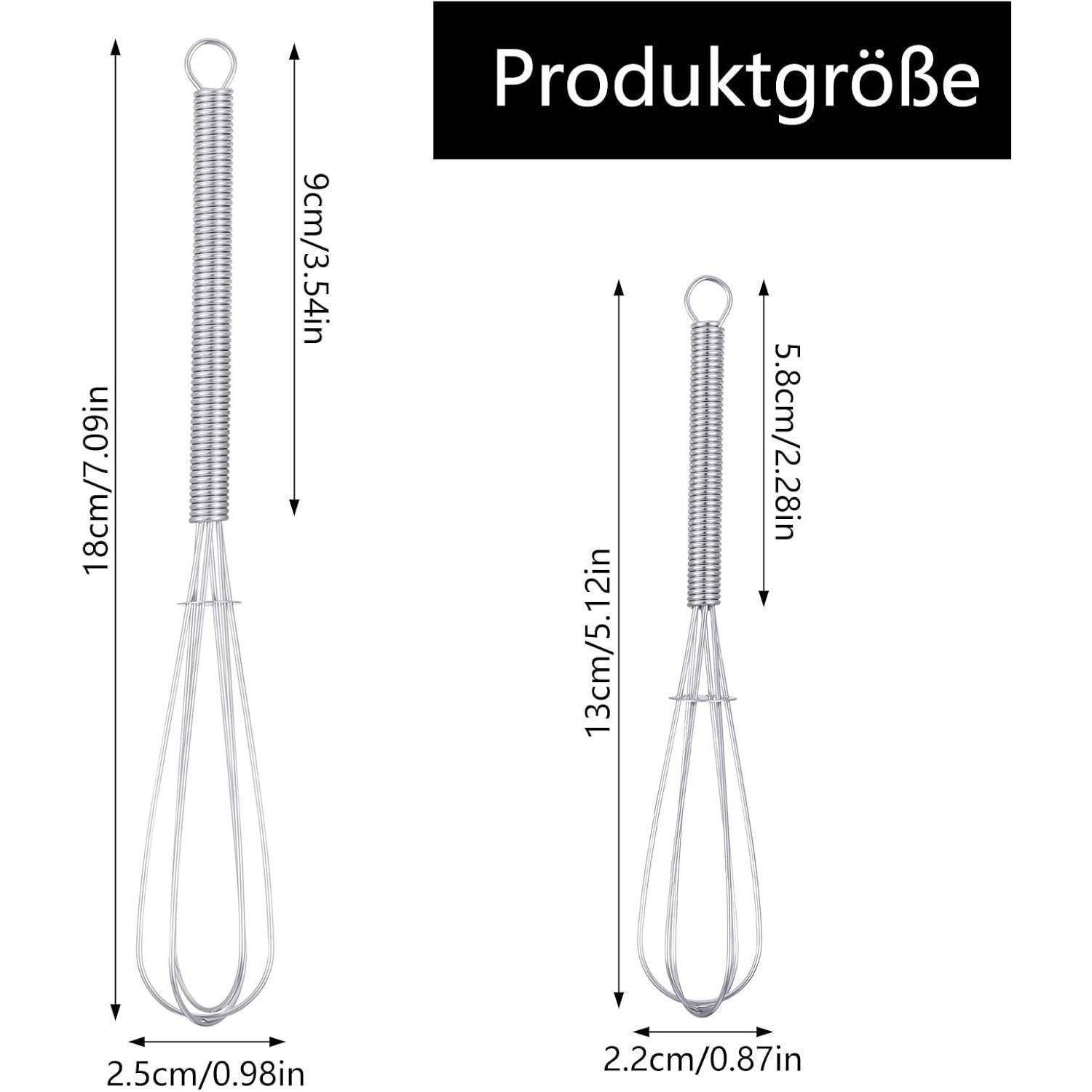 Zwei Schneebesen mit Maßangaben: größerer Schneebesen 18 cm/7,09 in, kleinerer Schneebesen 13 cm/5,12 in. Produktgröße