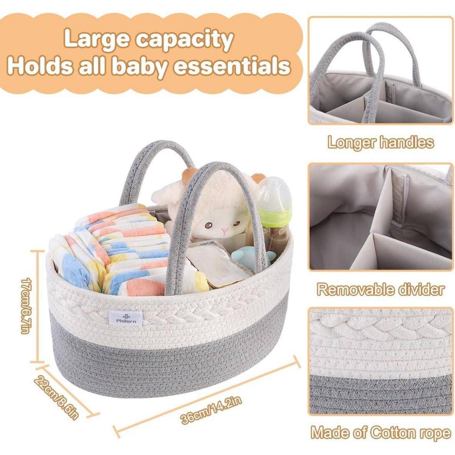 Baby-Utensilien-Korb mit langen Griffen, herausnehmbarer Trennwand und aus Baumwollseil gefertigt. Hält Windeln, Spielzeug und bietet Platz für alle Babyessentials.