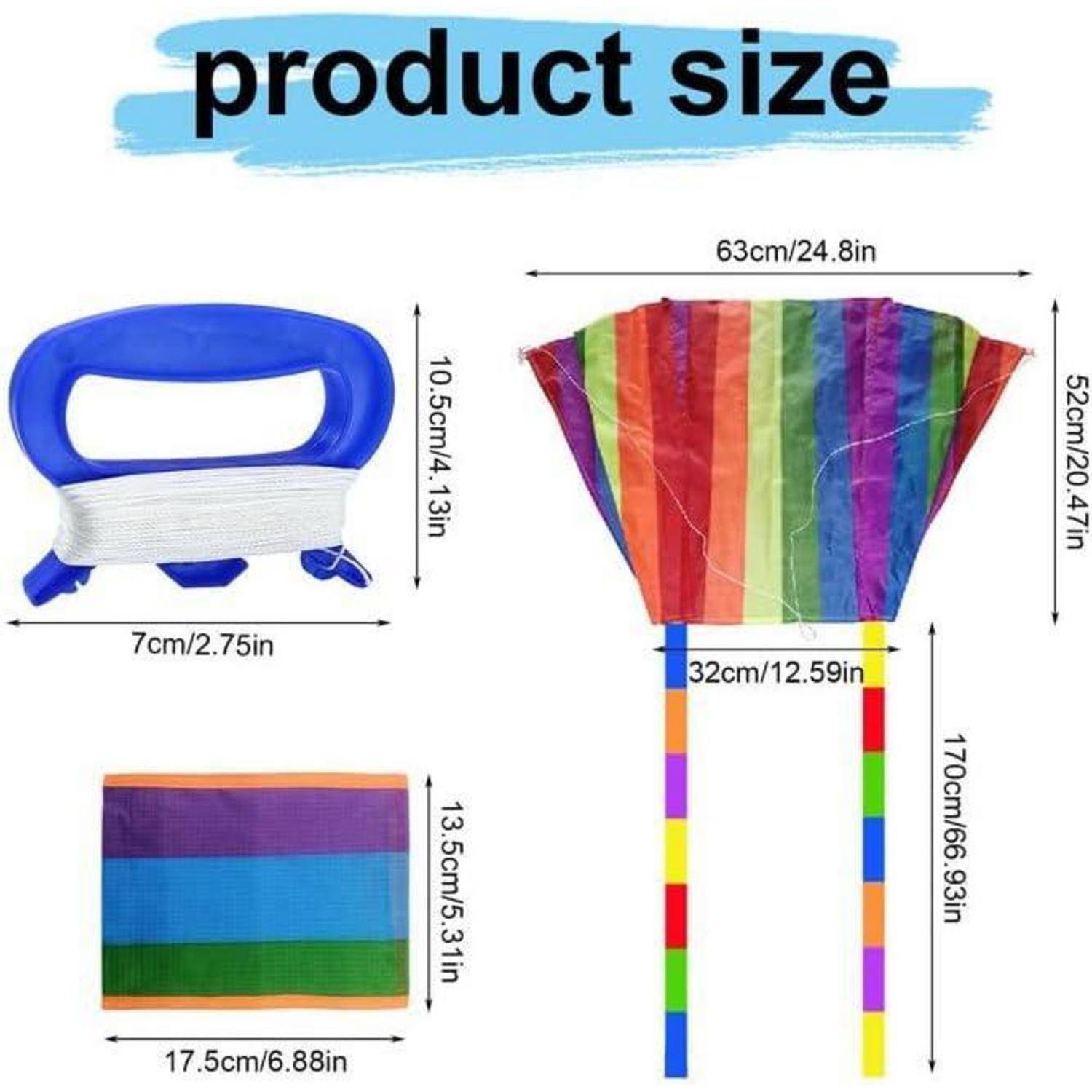 Produktgröße: Lenkstangen 7 cm breit, Drache 63 cm breit, 52 cm hoch, Schwanz 170 cm. Drache ist regenbogenfarben.