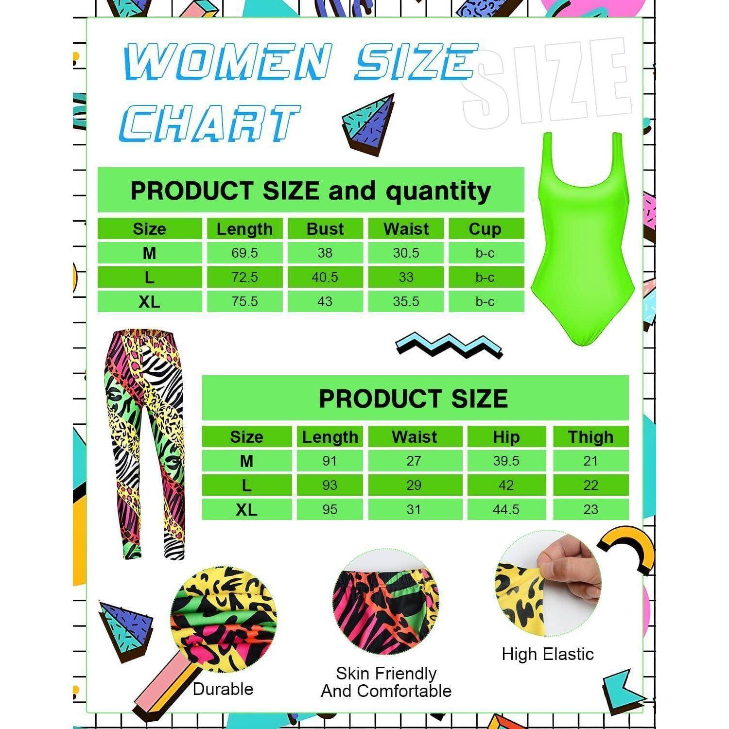 Damengrößentabelle: Größenoptionen für Badeanzüge und Leggings. Badeanzuggrößen von S bis XL aufgelistet nach Brustumfang, Taillenumfang und Körbchengröße. Leggings-Größen von M bis XL aufgelistet nach Länge, Taillenumfang, Hüftumfang und Oberschenkelumfang.