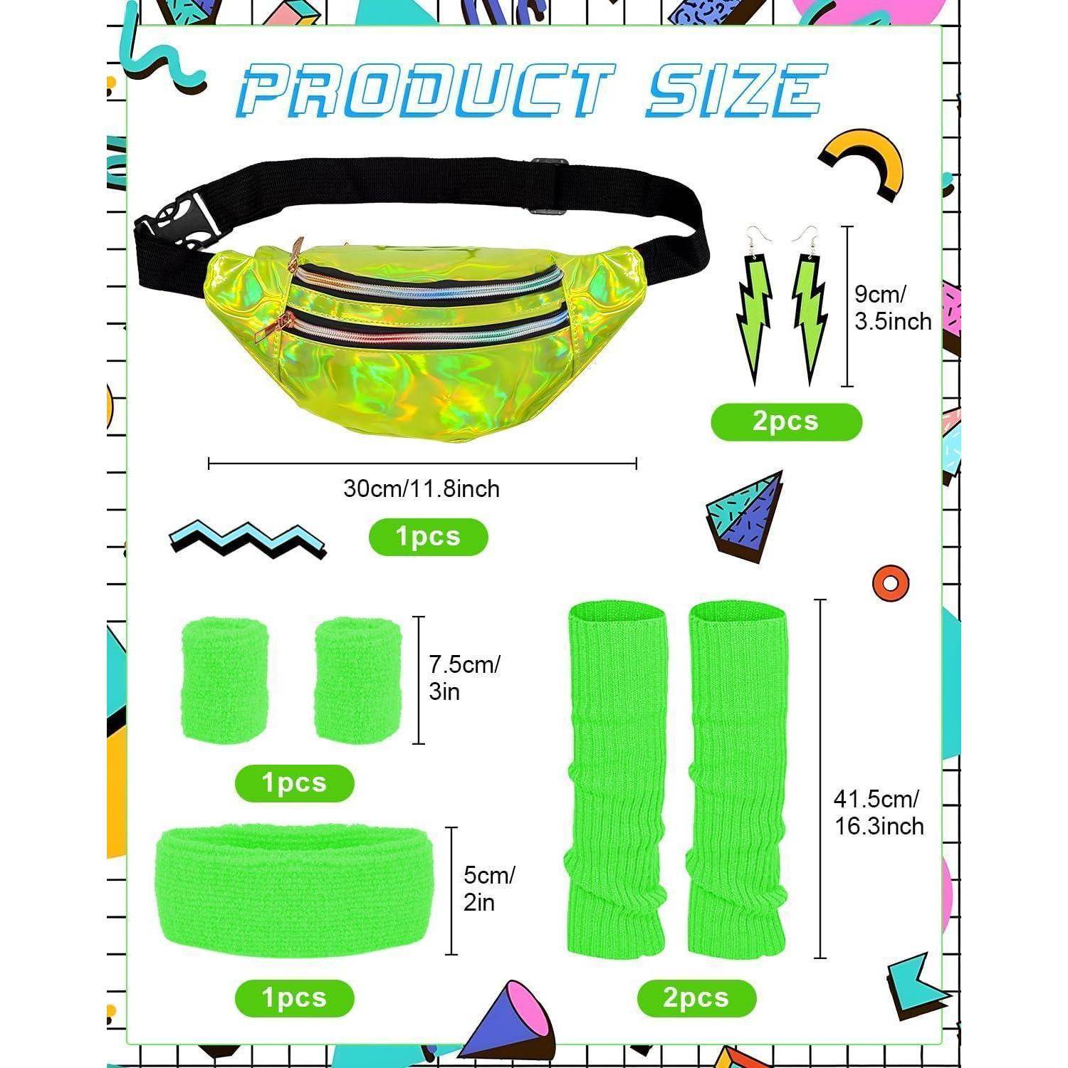 Holografische Gürteltasche Abmessungen: 30cm/11,8 Zoll breit. Enthält 9cm/3,5 Zoll Armbänder (2 Stück), 7,5cm/3 Zoll Stirnband (1 Stück), 41,5cm/16,3 Zoll Beinstulpen (2 Stück).