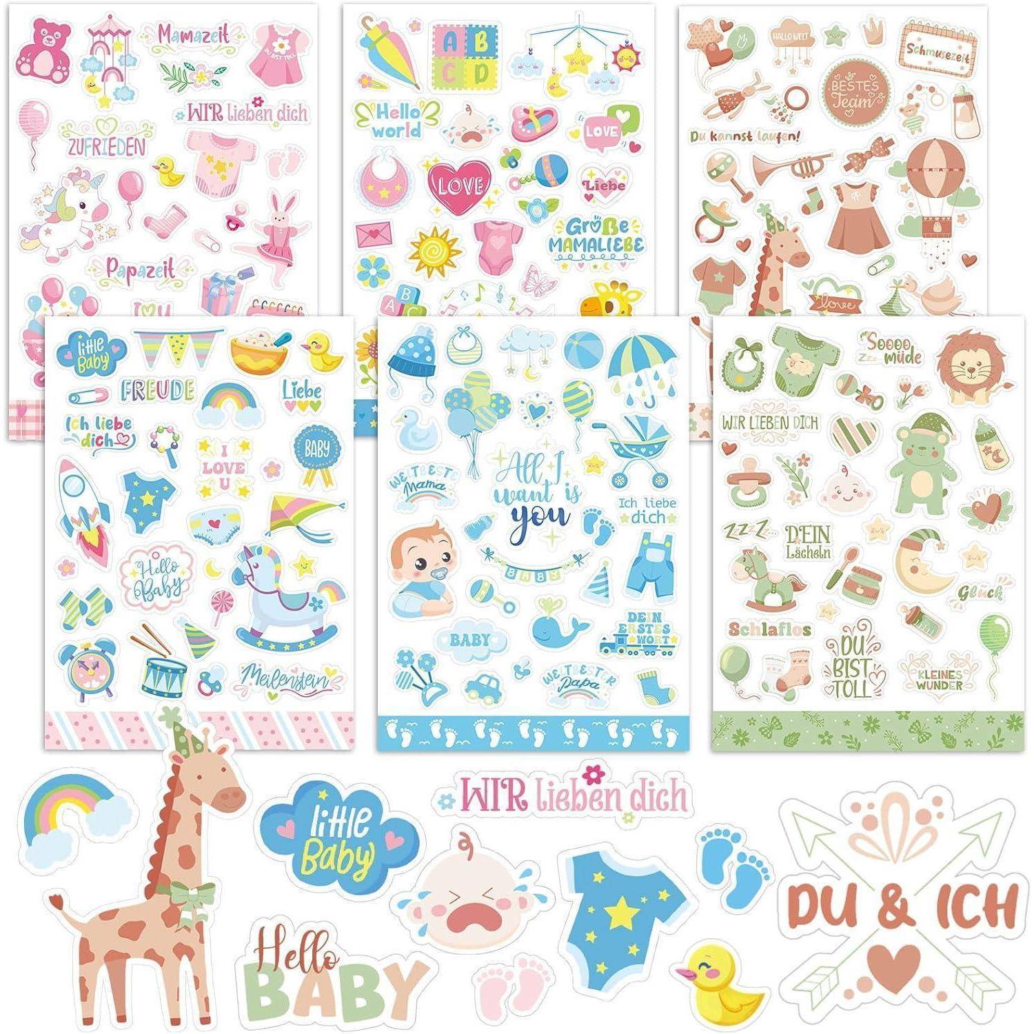 Sammlung von Baby-Stickern mit Pastellfarben, Tieren, Spielzeugen und Ausdrücken wie ‚Hallo Baby' und ‚Wir lieben dich'.