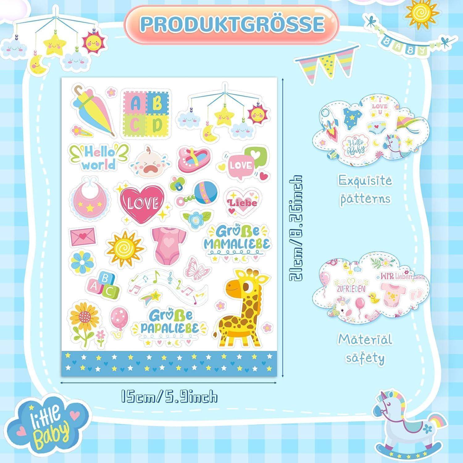 Buntes Baby-Aufkleberbogen mit Buchstaben, Herzen, Giraffenillustration und Phrasen wie ‚Hallo Welt' und ‚Liebe'.