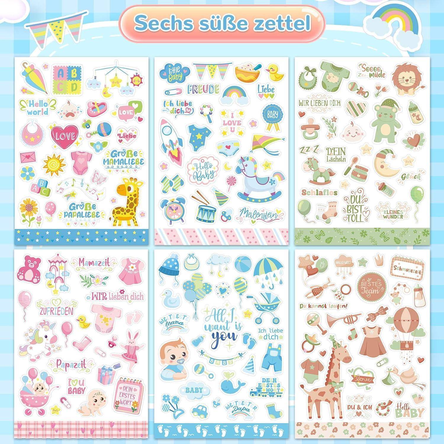Das Bild zeigt sechs farbenfrohe Blätter, die jeweils mit verspielten Illustrationen, Wörtern und Phrasen auf Deutsch gefüllt sind, mit einem Thema rund um Kinder und Feiern.