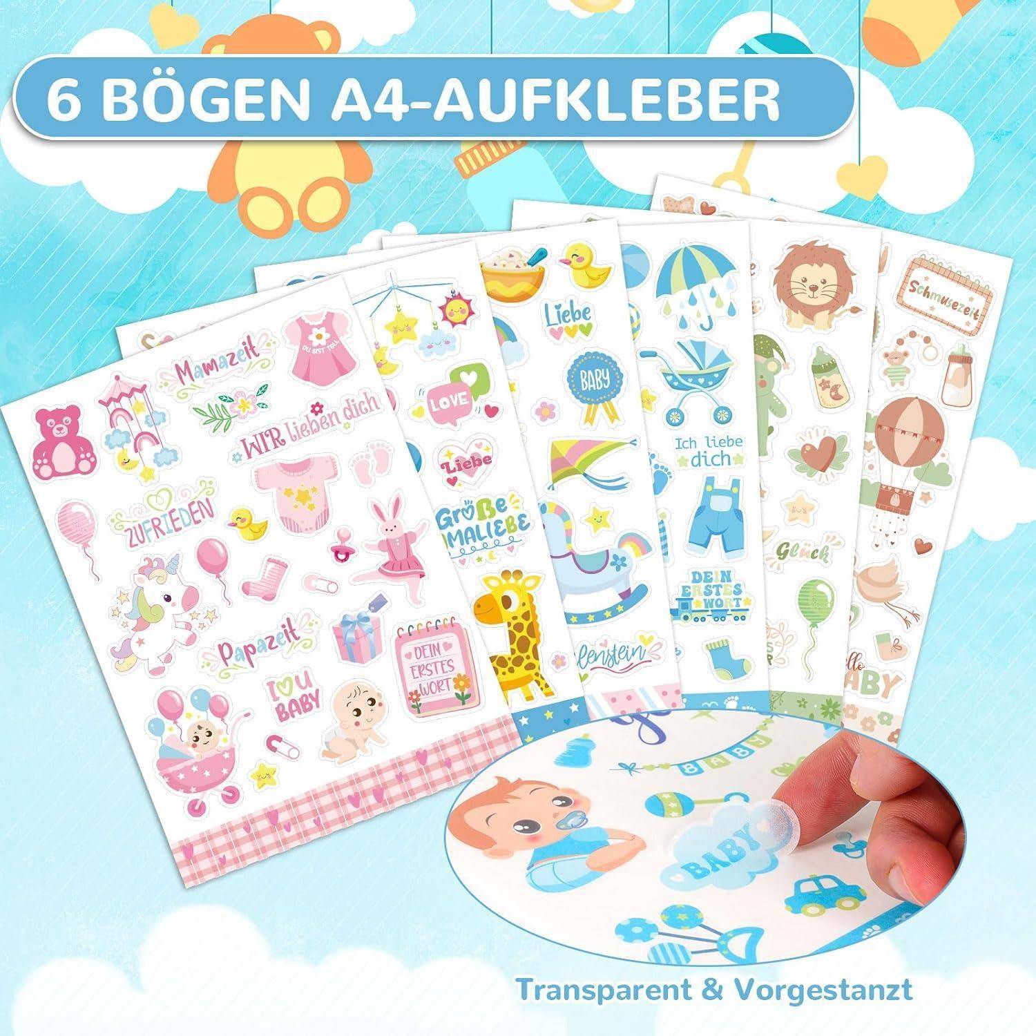 6 Bögen A4-Aufkleber' mit verschiedenen farbenfrohen, cartoon-artigen Babymotiven, einschließlich Tieren, Luftballons und verspielten Symbolen.