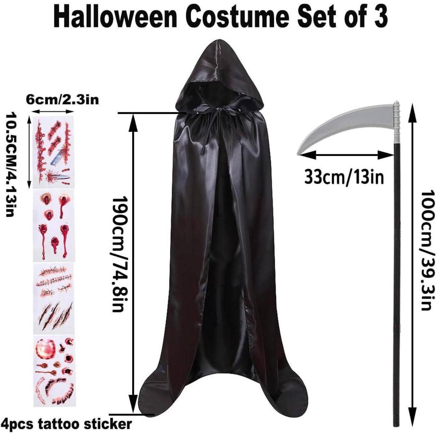 Halloween Kostüm-Set von 3 Teilen enthält einen schwarzen Kapuzenumhang (190cm), eine Sense (100cm) und 4 Tattoo-Aufkleber (6cm-10,5cm) mit Horror-Designs.