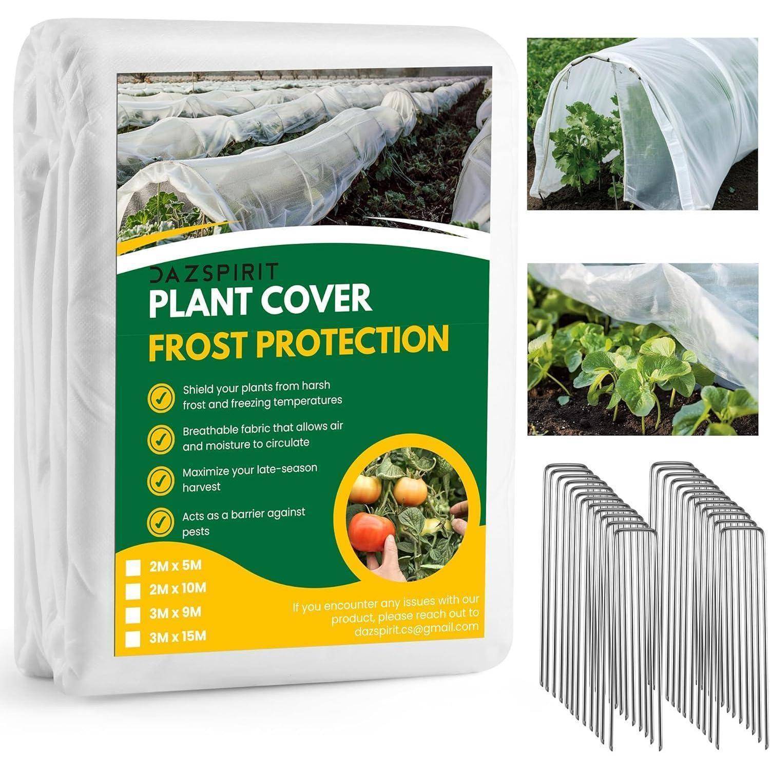 DAZSPIRIT Pflanzenschutz Frostschutz' Verpackung mit Produktabbildungen. Eigenschaften umfassen Frostschutz, Atmungsaktivität und Schädlingsbarriere. Erhältlich in den Größen: 2m x 5m, 2m x 10m, 3m x 9m und 3m x 15m.