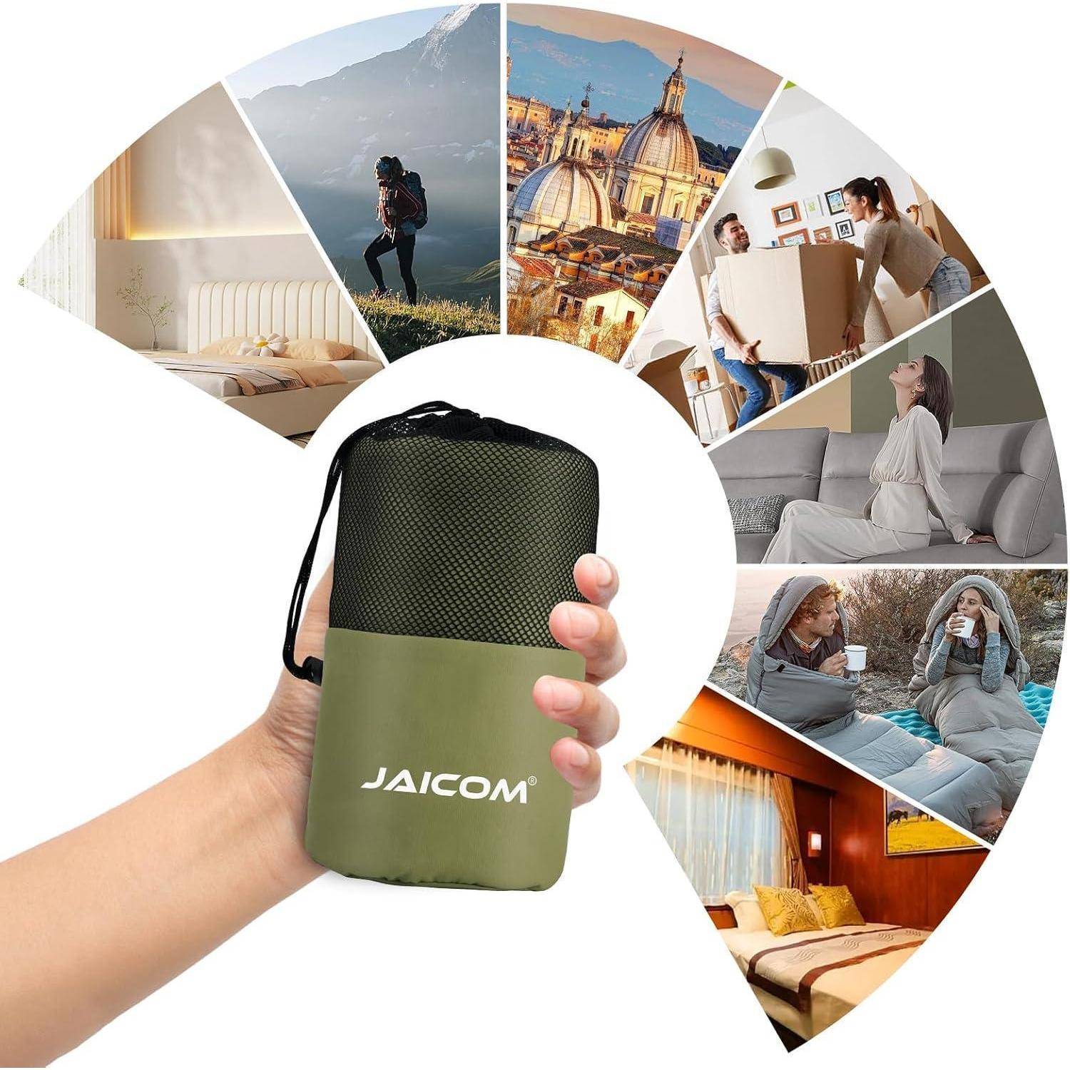 Hand hält zusammengepackten Schlafsack von JAICOM, mit einer kreisförmigen Collage, die Verwendungsmöglichkeiten zeigt: Wandern, Umzug, Entspannen, Camping und Reisen.