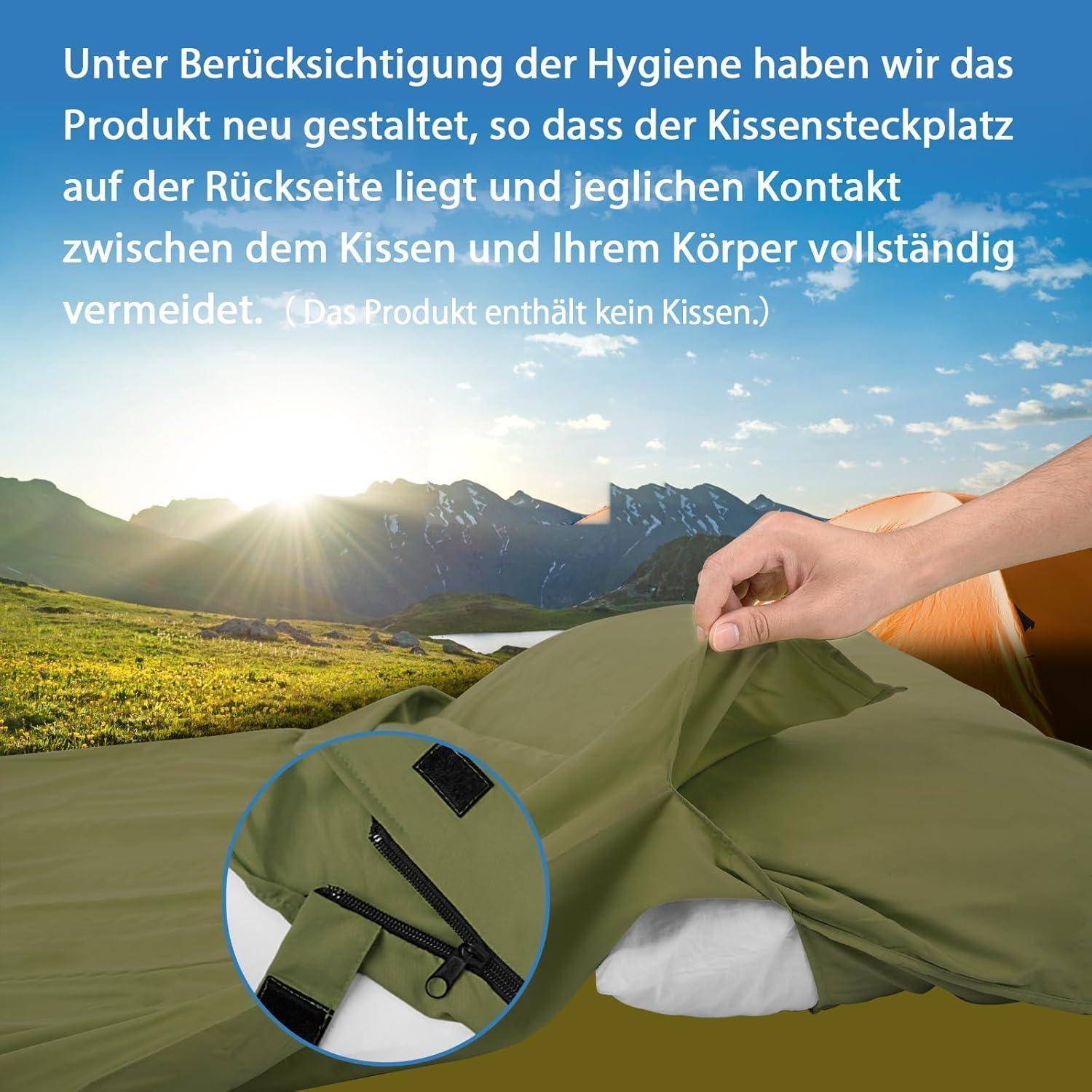 Eine Hand, die eine grüne Bettdecke anpasst, mit Betonung auf Hygieneverbesserungen. Der Text hebt hervor, dass das Deckendesign den Kontakt verhindert.