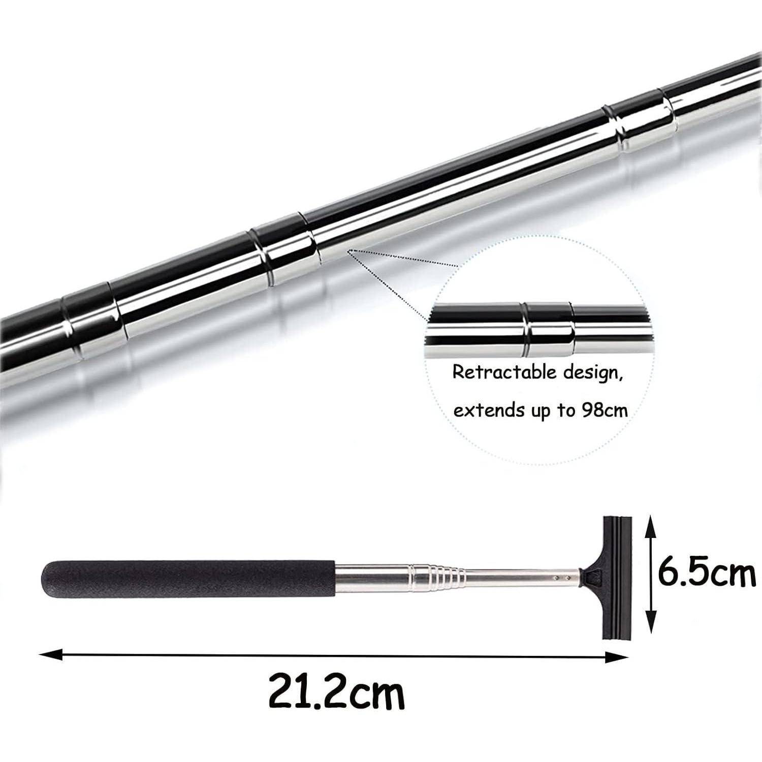 Ein Rückenkratzer aus Metall mit Teleskopfunktion und folgenden Abmessungen: 21,2 cm zusammengeschoben und ausziehbar bis 98 cm; Breite des Kratzerkopfes beträgt 6,5 cm.