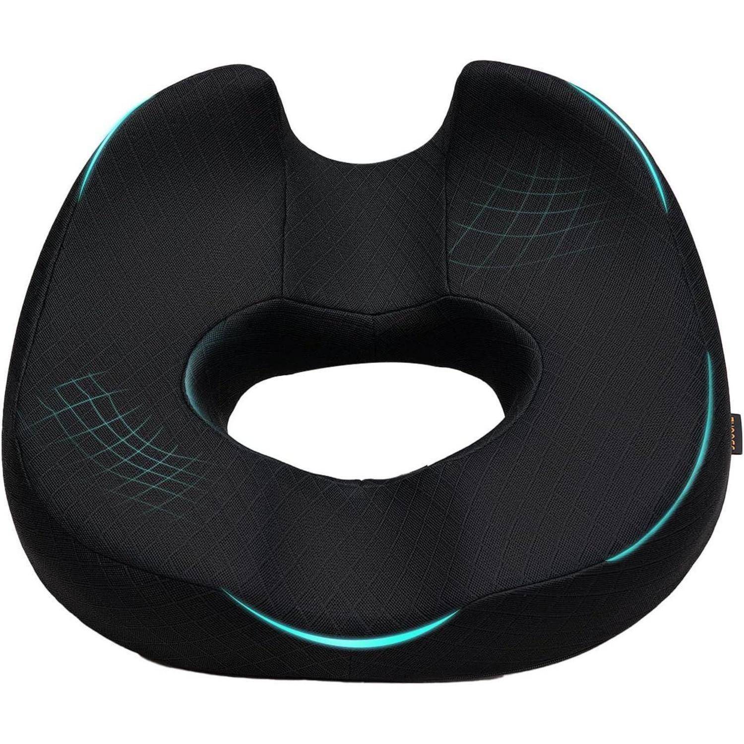 Schwarzes ergonomisches Kissen mit einer zentralen Öffnung, entwickelt für Komfort und Unterstützung, mit blauen Akzentlinien.