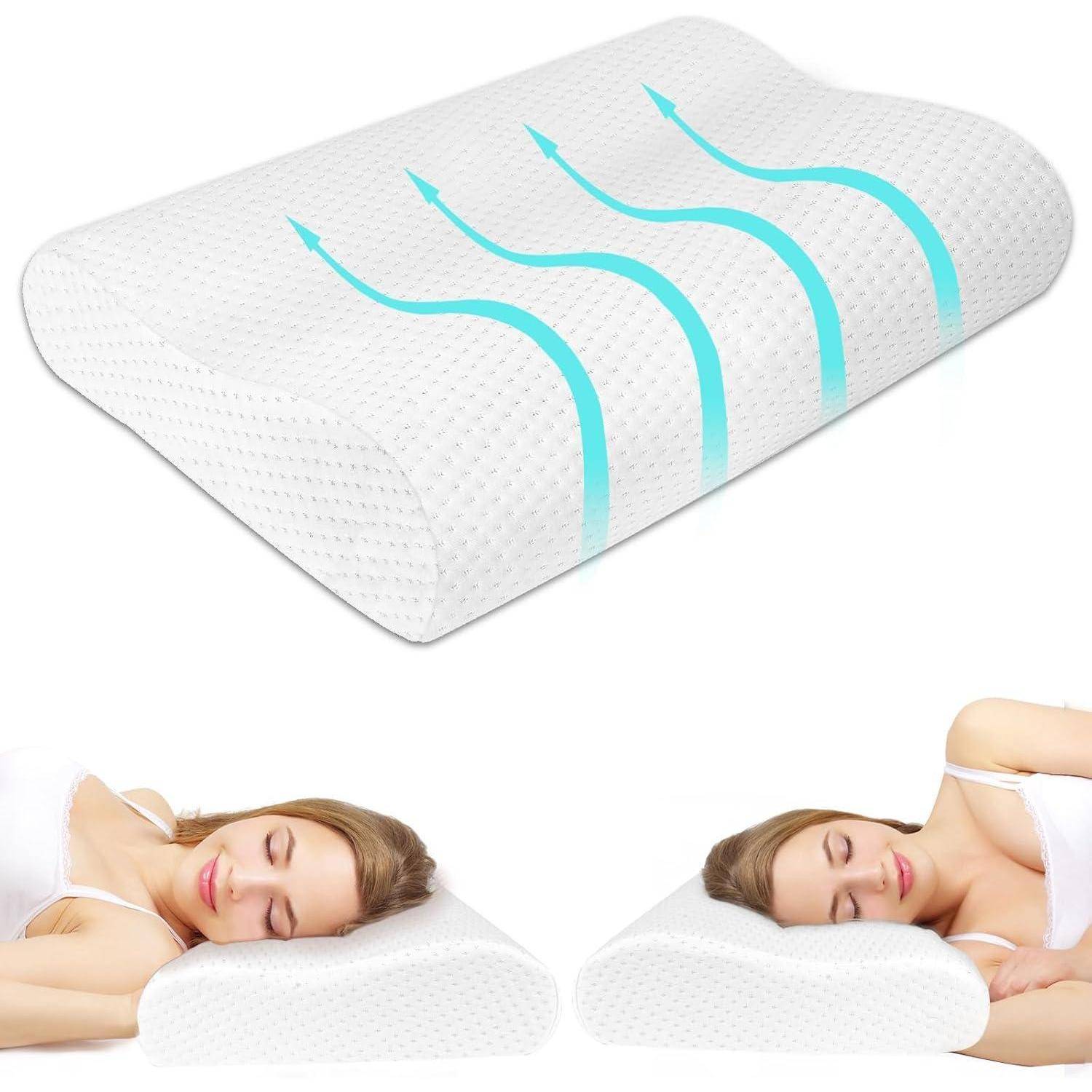 Konturierte Memoryschaum-Kissendesign mit Luftströmungsdesign; zeigt Frau beim Schlafen auf der Seite und im Rücken, betont ergonomische Unterstützung und Komfort.