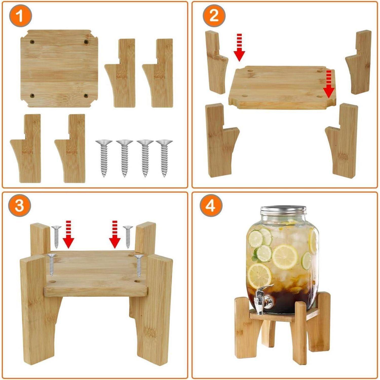 Schritt 1: Komponenten sammeln: Holzteile und Schrauben. Schritt 2: Beine an die Plattform befestigen. Schritt 3: Mit Schrauben sichern. Schritt 4: Fertige Ständer, der einen Getränkespender trägt.