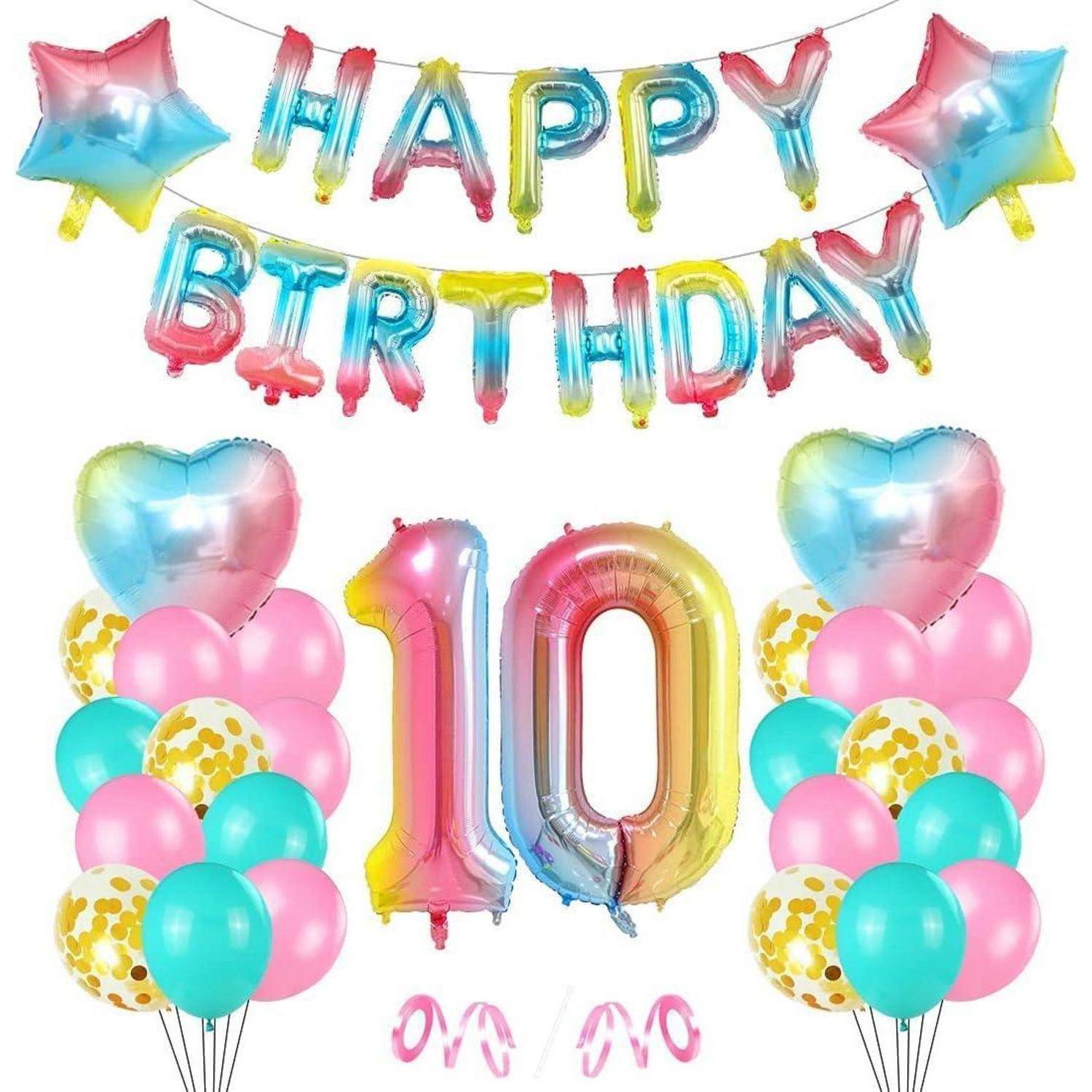 Bunte Ballondekoration mit dem Schriftzug 'HAPPY BIRTHDAY', der Zahl '10' in großen Folienballons und Trauben von rosa, blauen und gelben Luftballons.