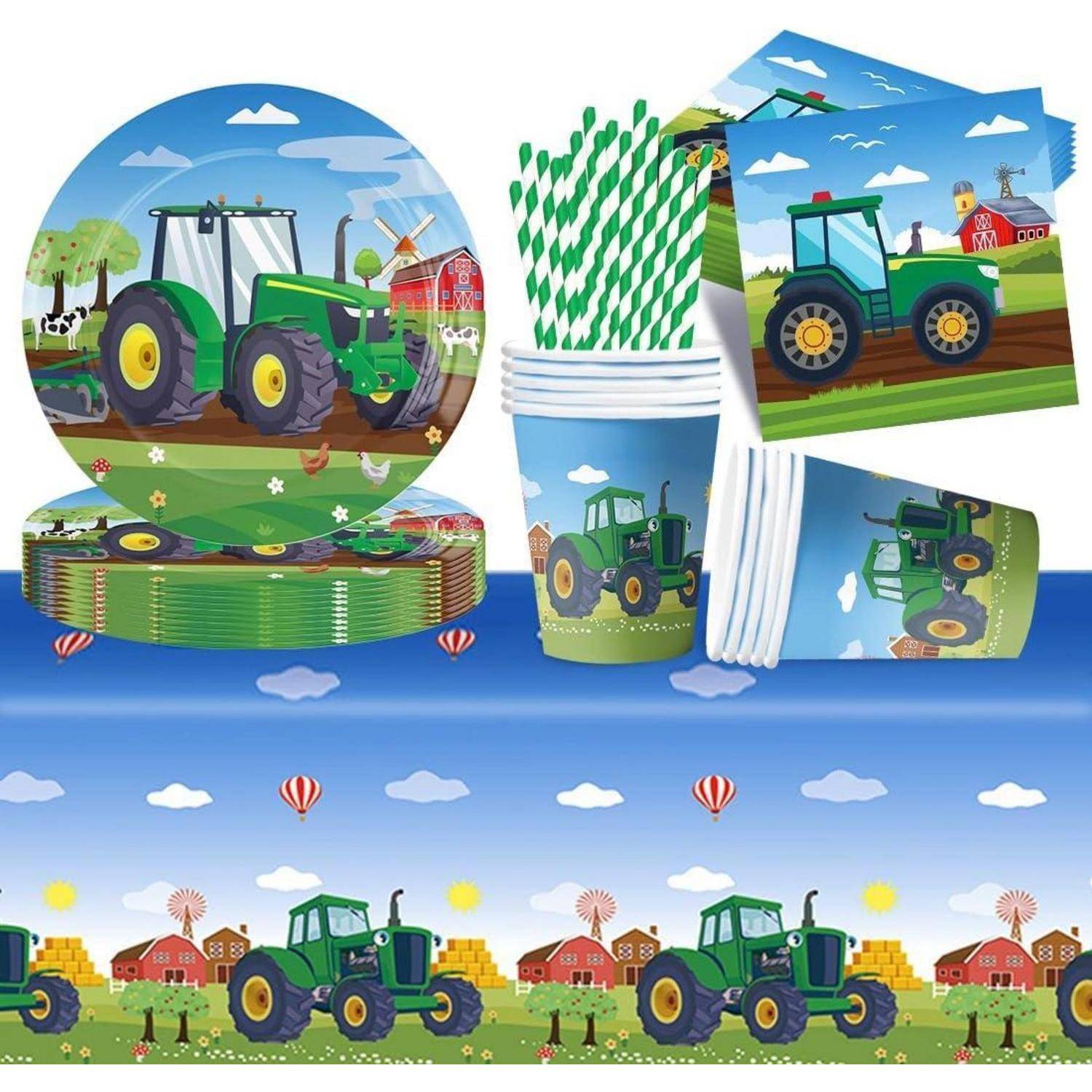Party-Set mit Traktor-Motiv, bestehend aus Tellern, Bechern, Servietten und Tischdecke, die Traktoren auf einem Bauernhof mit Scheunen und Tieren darstellen.