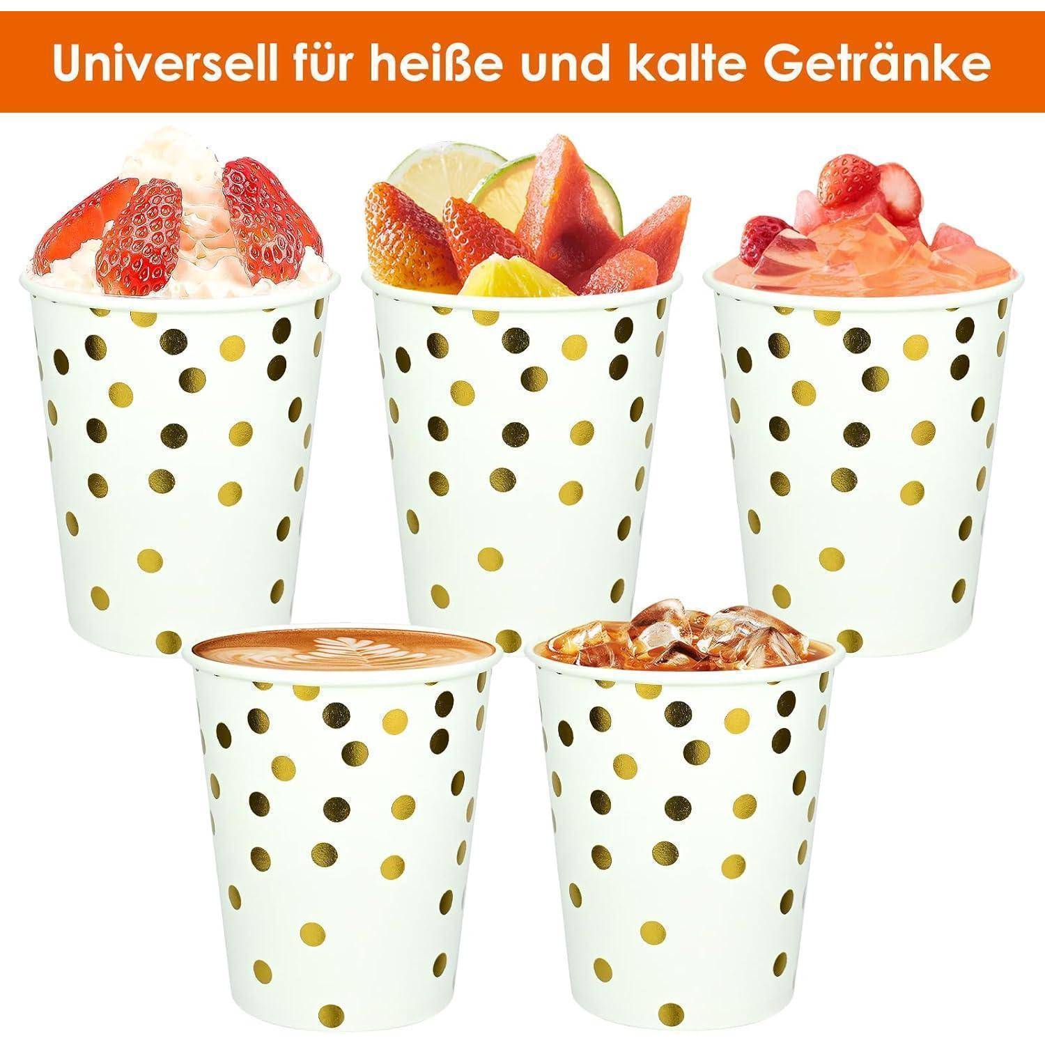 Tassen mit goldenen Polkadots halten verschiedene heiße und kalte Getränke, wie Kaffee und fruchtinfundiertes Wasser, mit dem Text ‚Universell für heiße und kalte Getränke' darüber.
